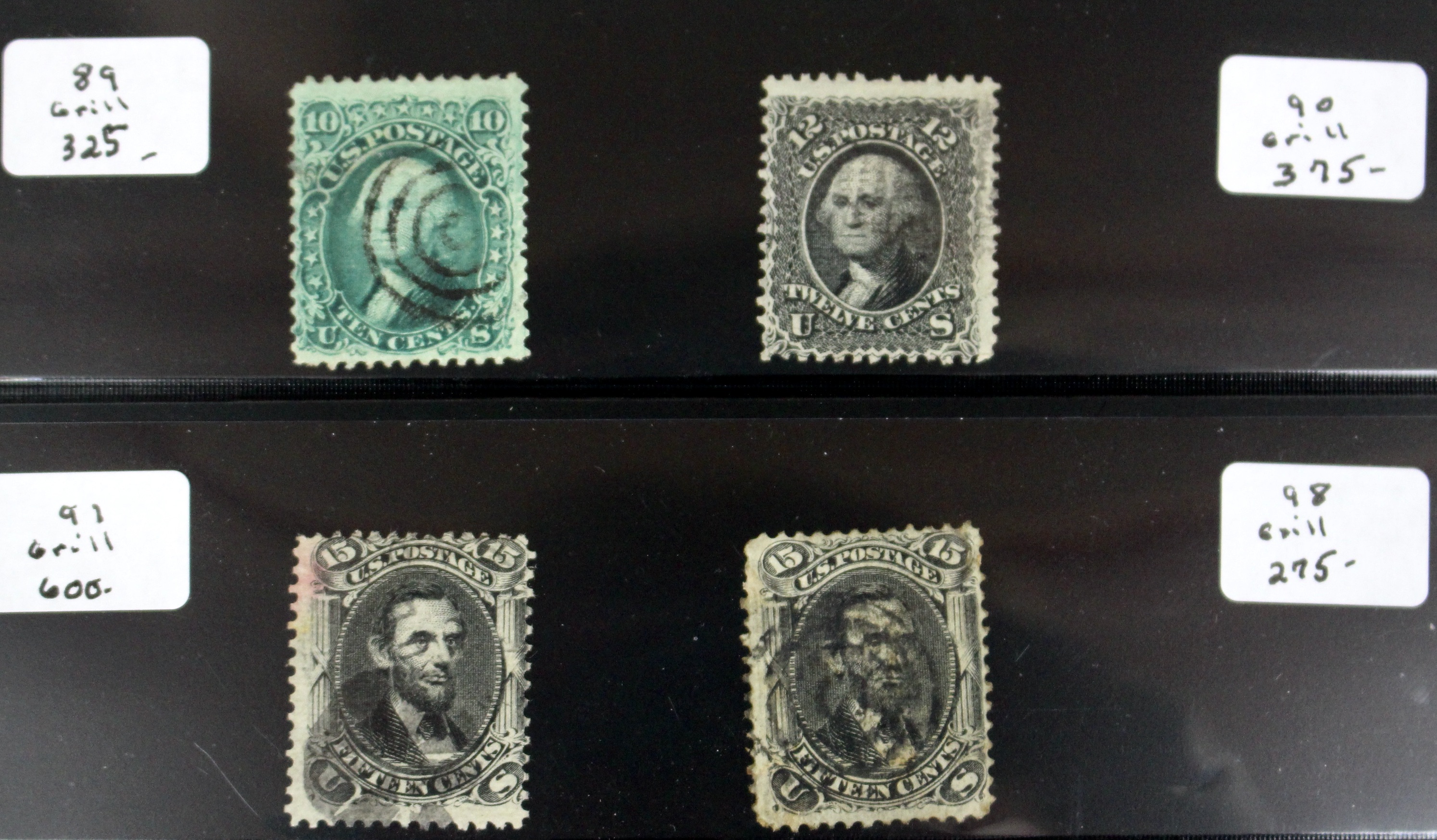 Four Early U.S. Postage Stamps, All With Grills, 1867-1868