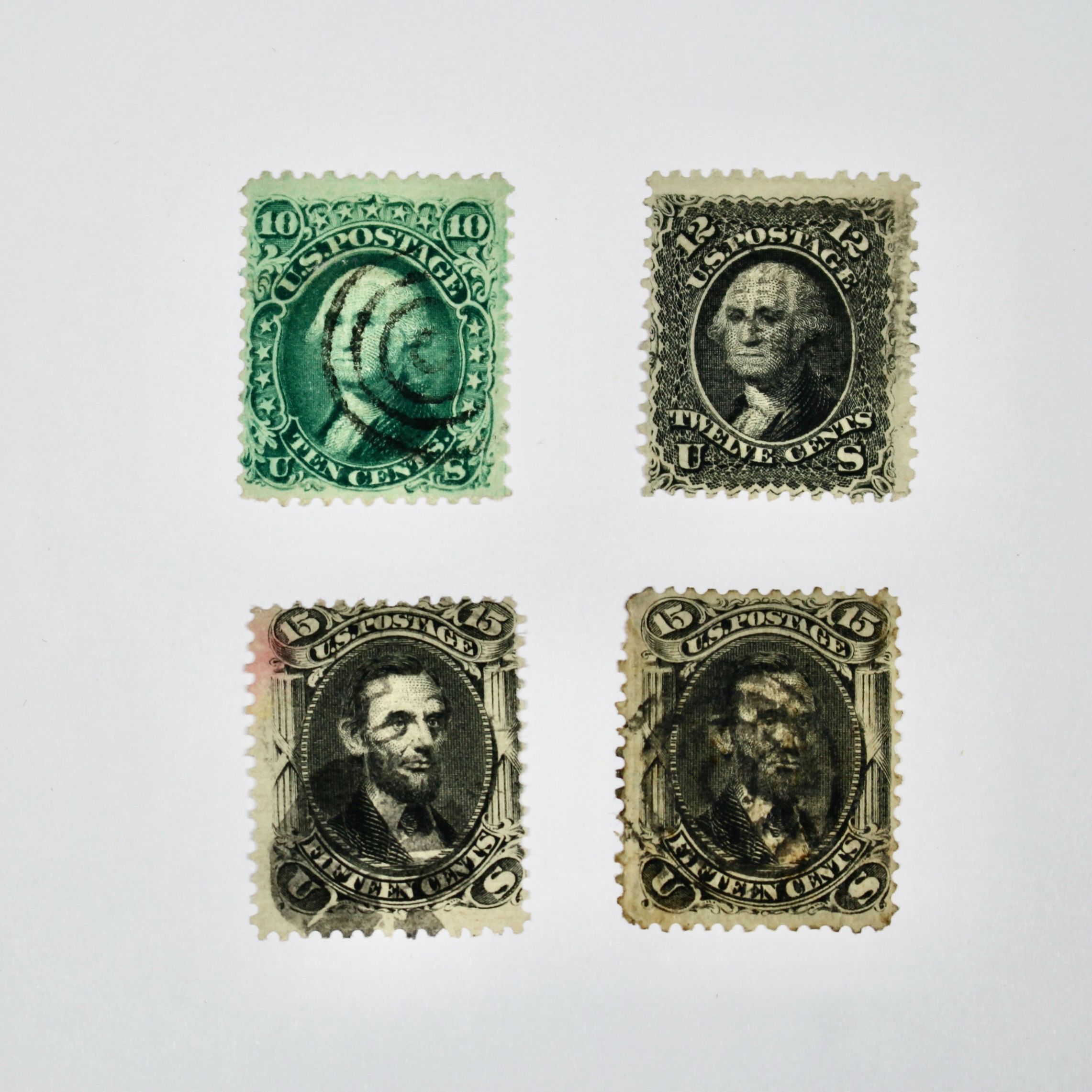 Four Early U.S. Postage Stamps, All With Grills, 1867-1868