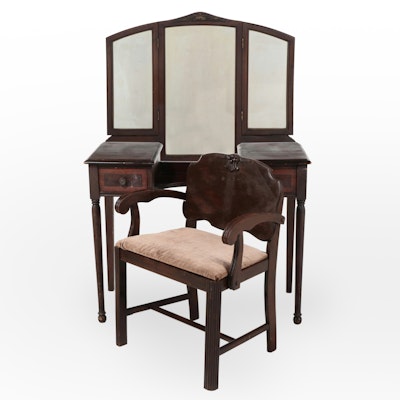 Jake Tennenbaum Co. Jacobean Revival Style Walnut Finish Vanity and Chair