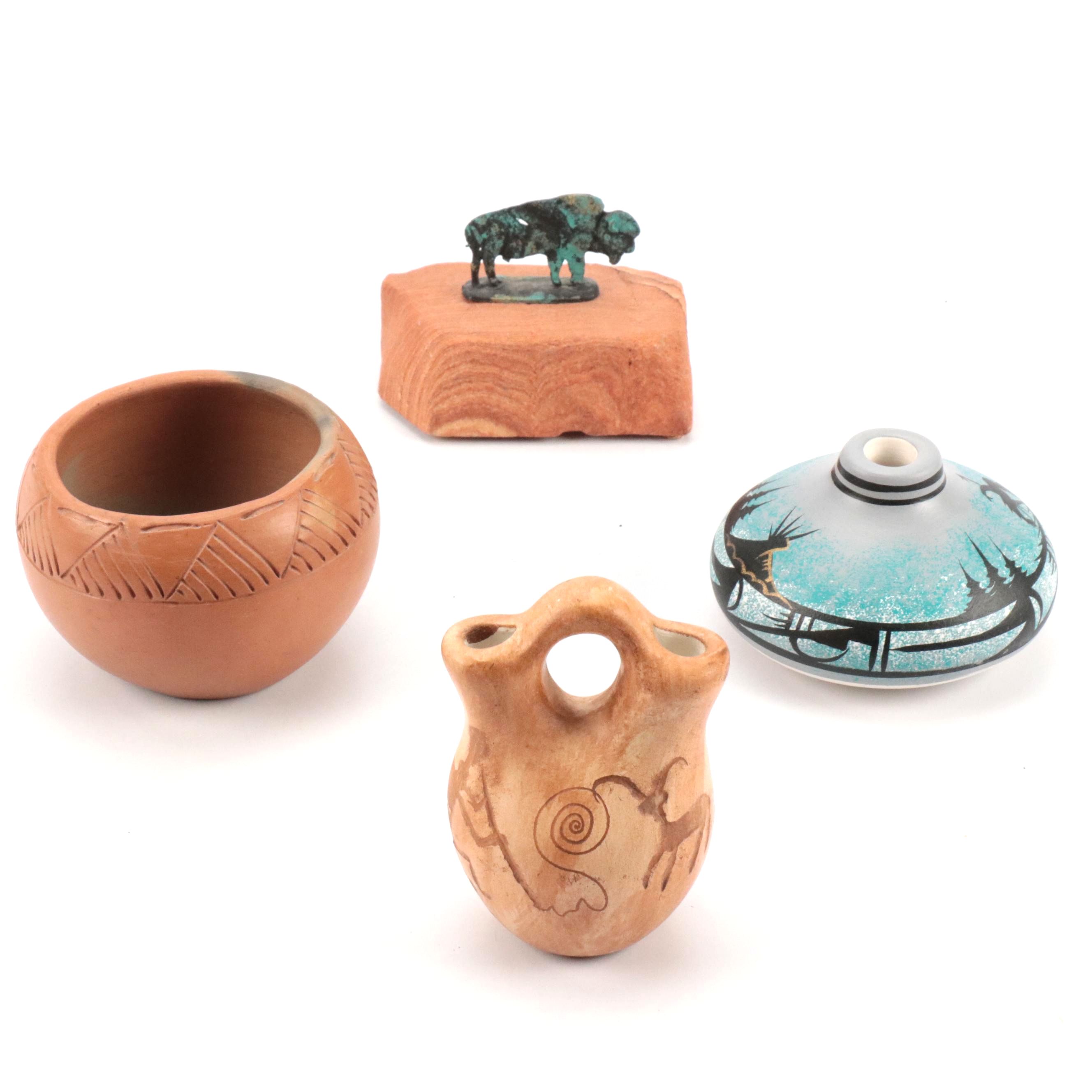 Signed Navajo Wedding Vase & Bowl, Cherokee Bowl, Bison Cutout on Base