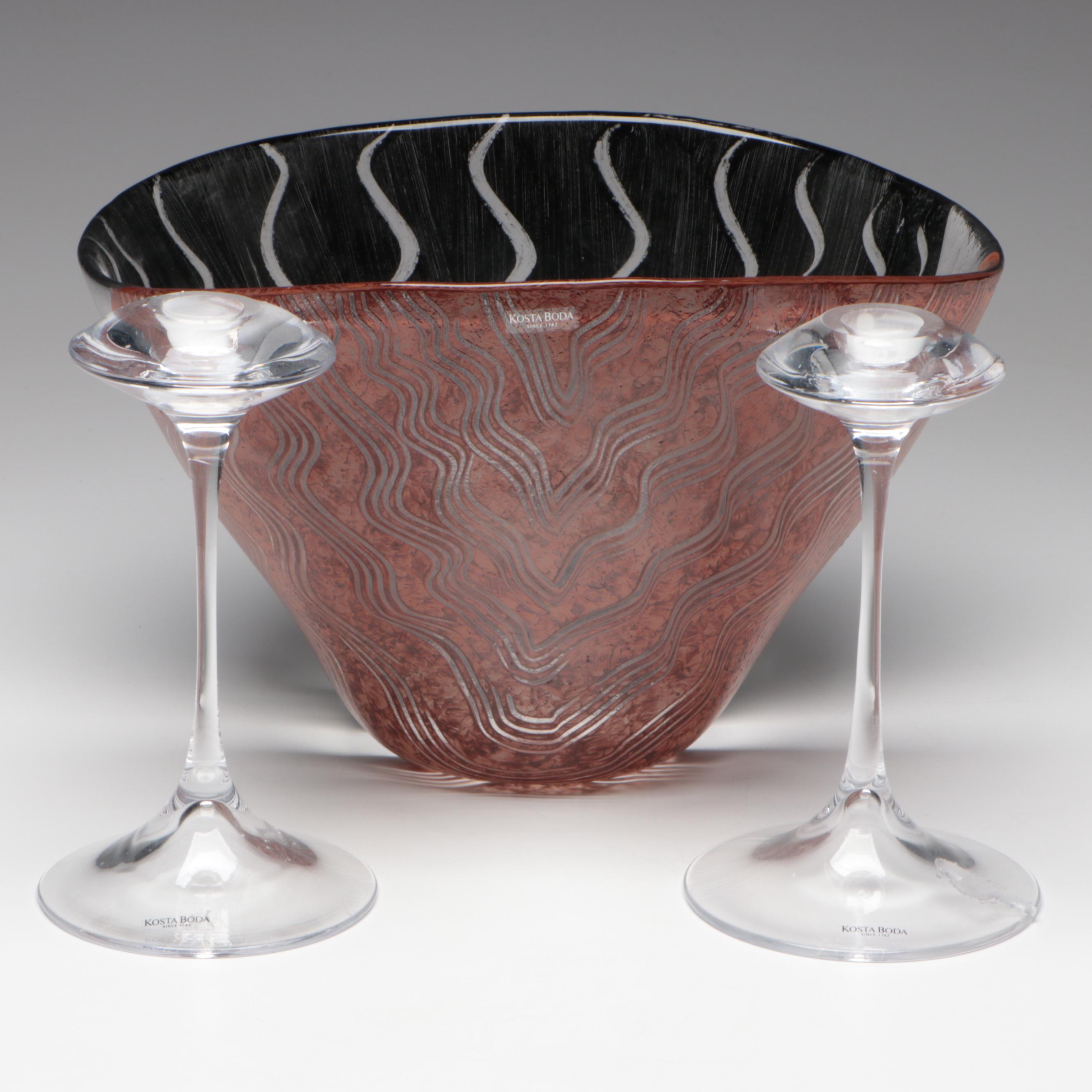 Kosta Boda "Tonga" Hand-Painted Glass Bowl with "Fanfare" Glass Candlesticks