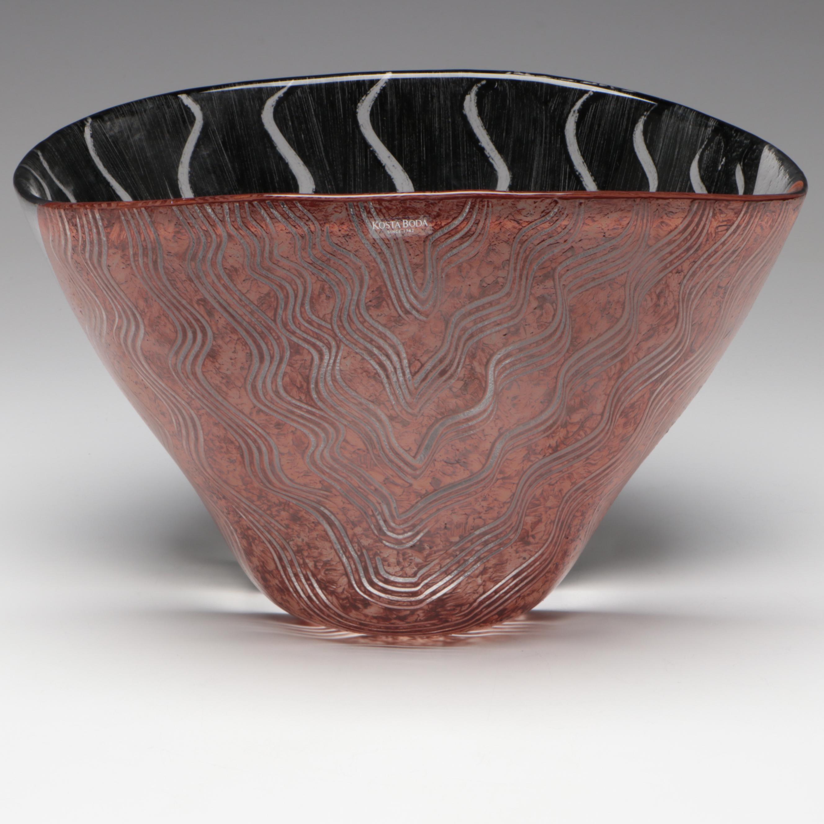 Kosta Boda "Tonga" Hand-Painted Glass Bowl with "Fanfare" Glass Candlesticks