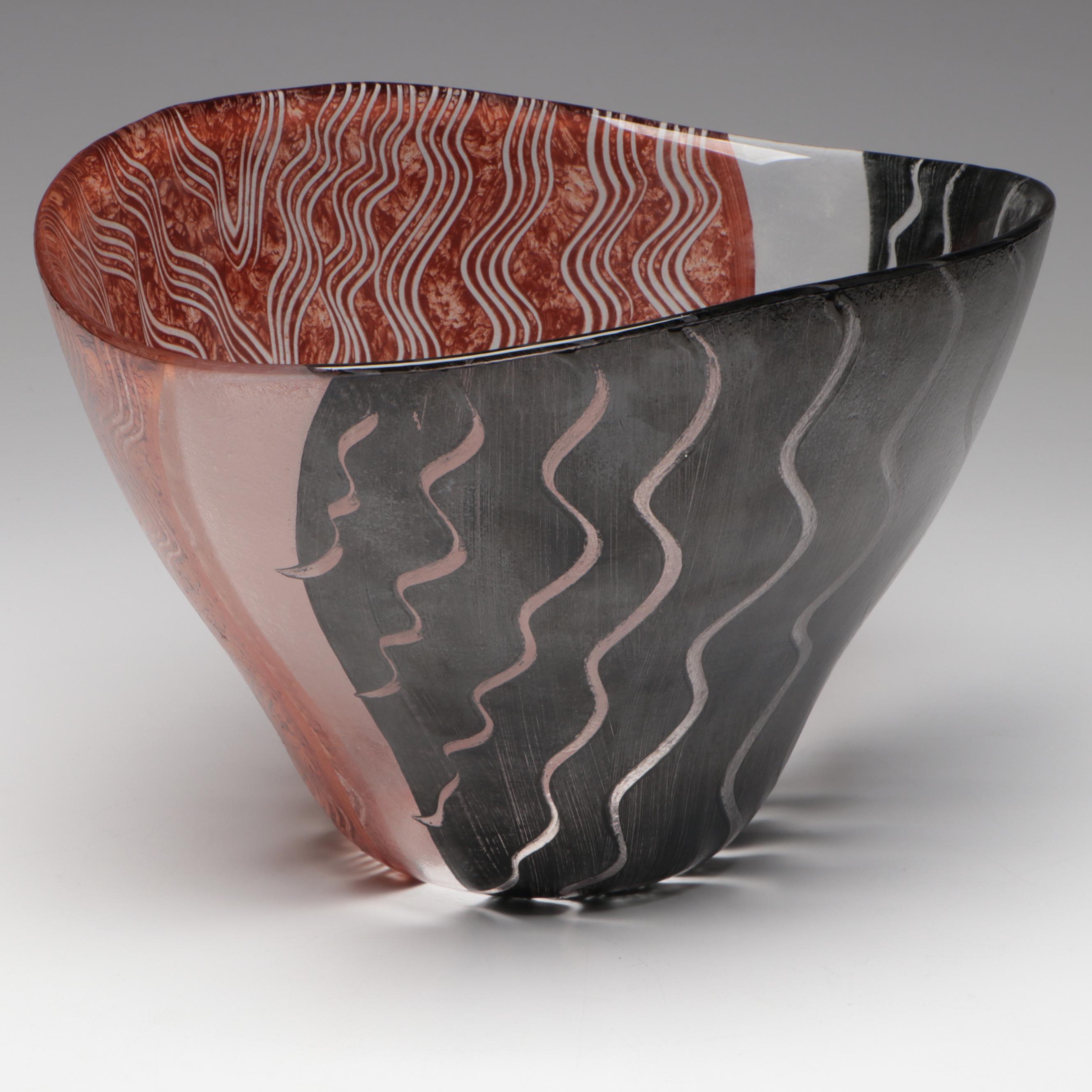 Kosta Boda "Tonga" Hand-Painted Glass Bowl with "Fanfare" Glass Candlesticks