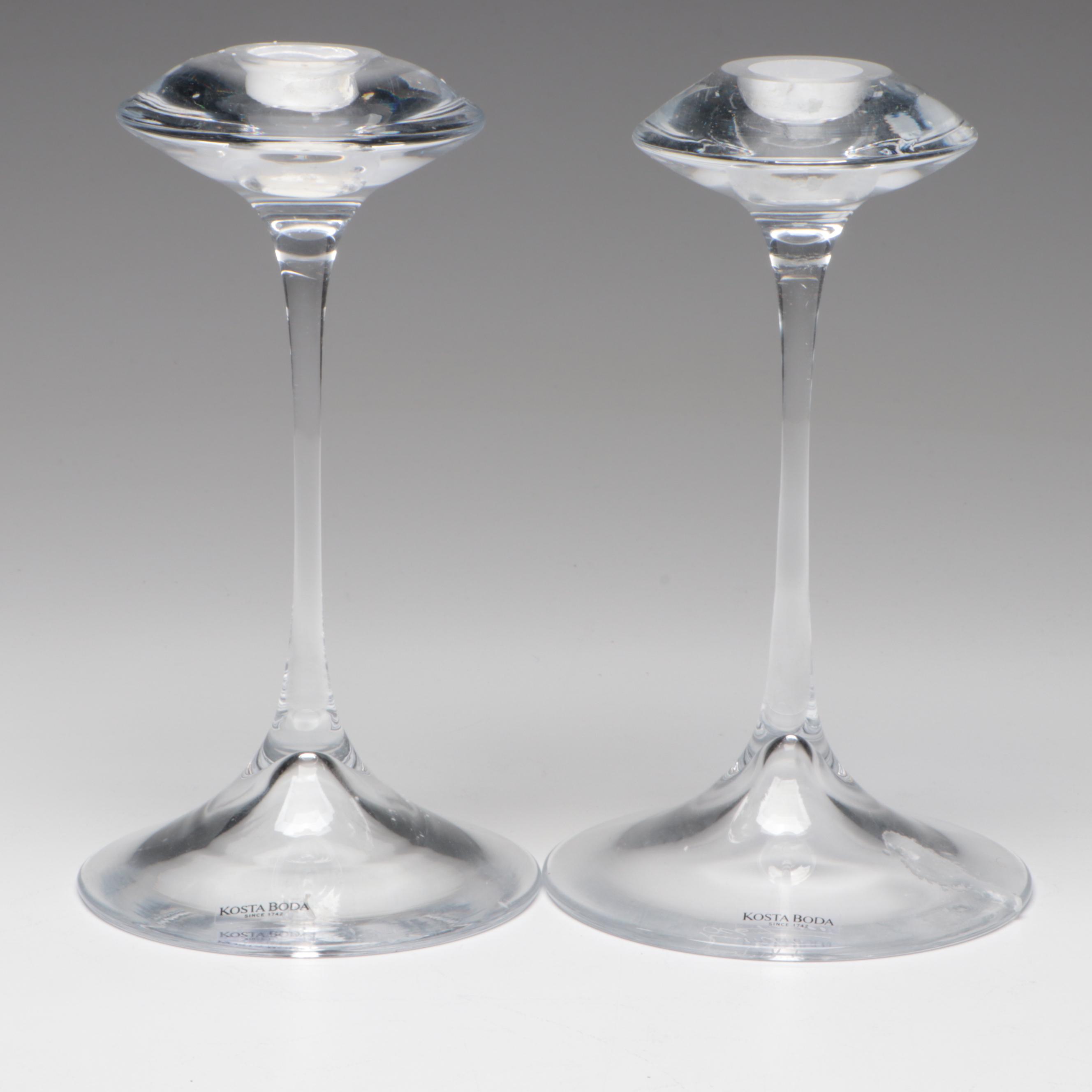 Kosta Boda "Tonga" Hand-Painted Glass Bowl with "Fanfare" Glass Candlesticks