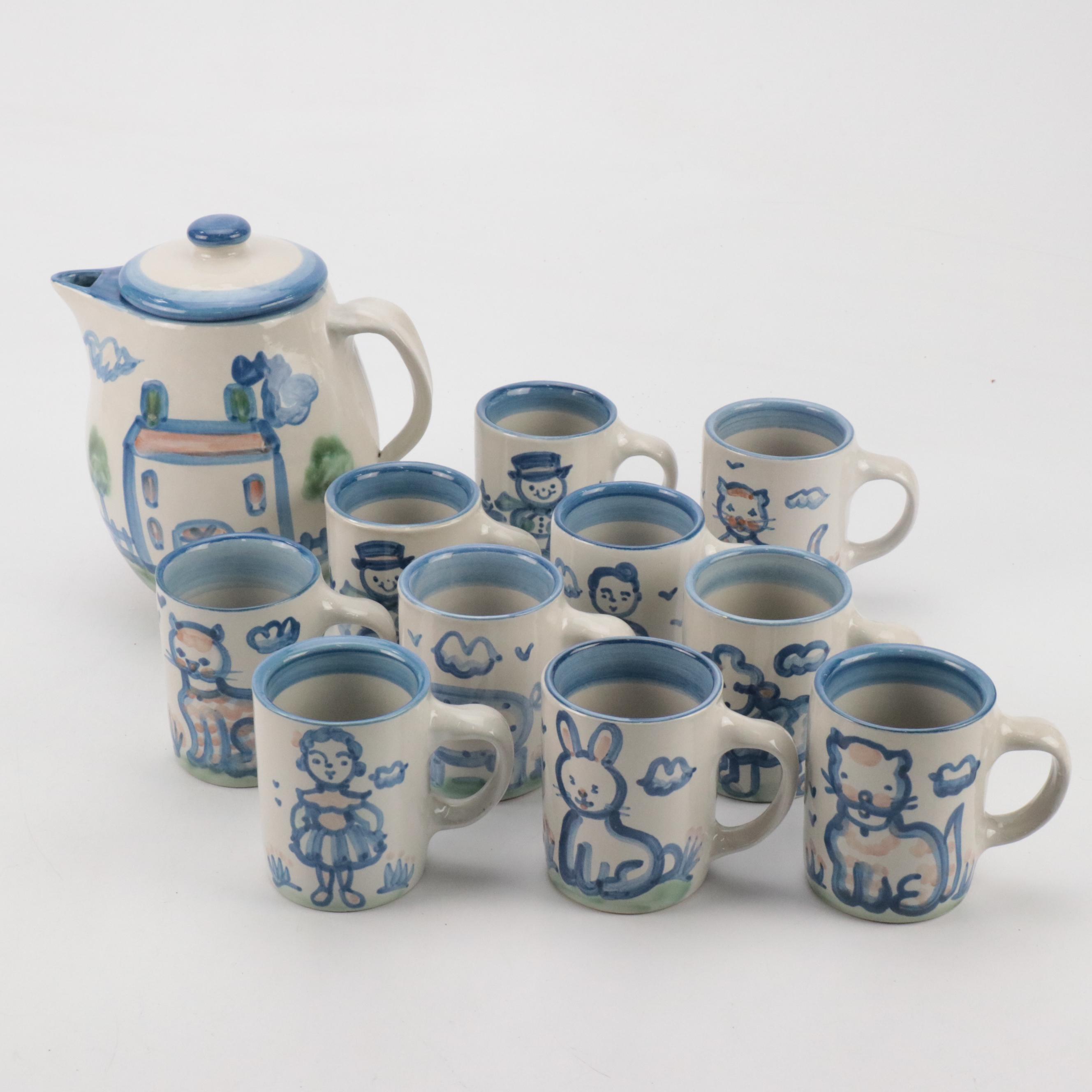 MA Hadley Stoneware "Country Scene" Coffee Pot and Mugs