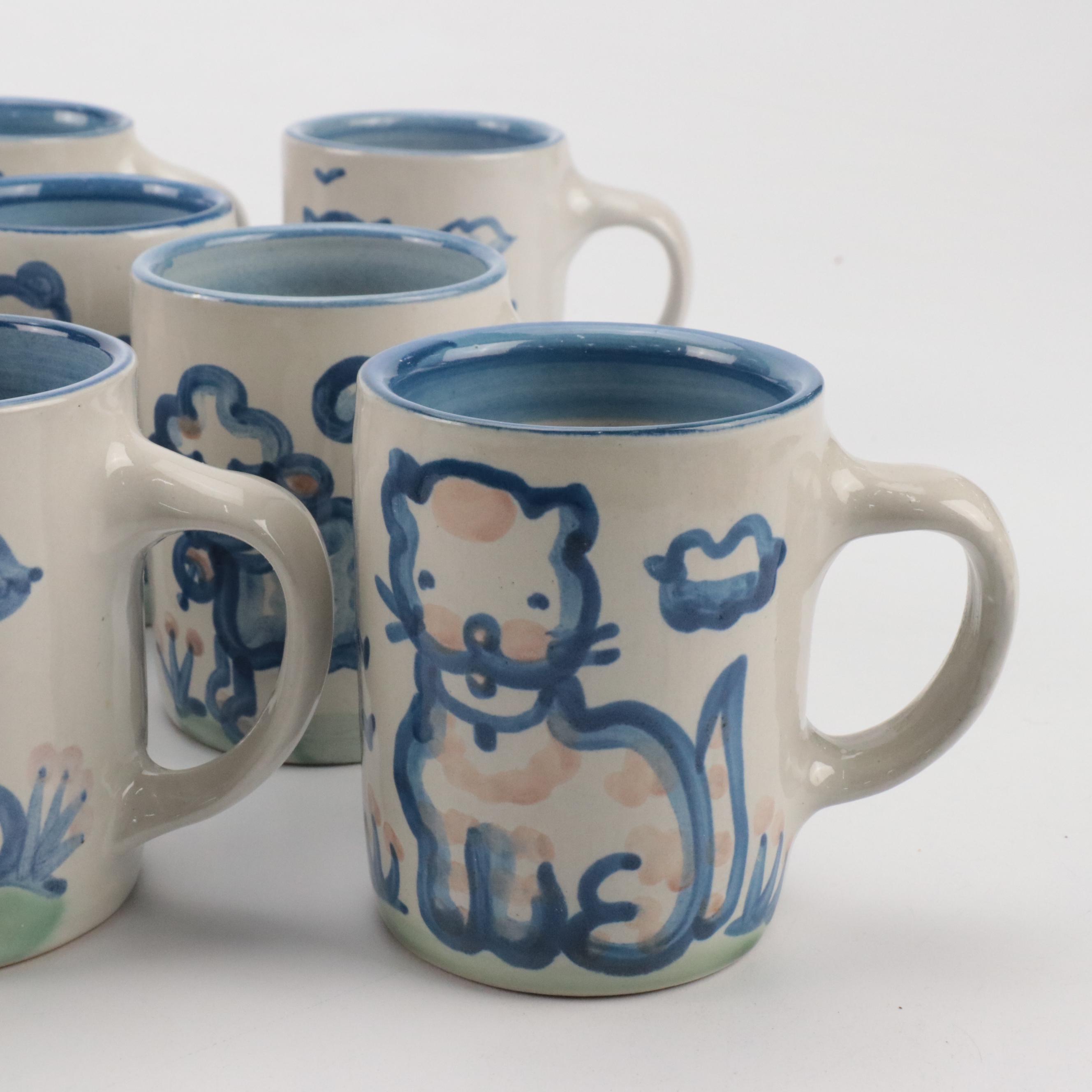 MA Hadley Stoneware "Country Scene" Coffee Pot and Mugs