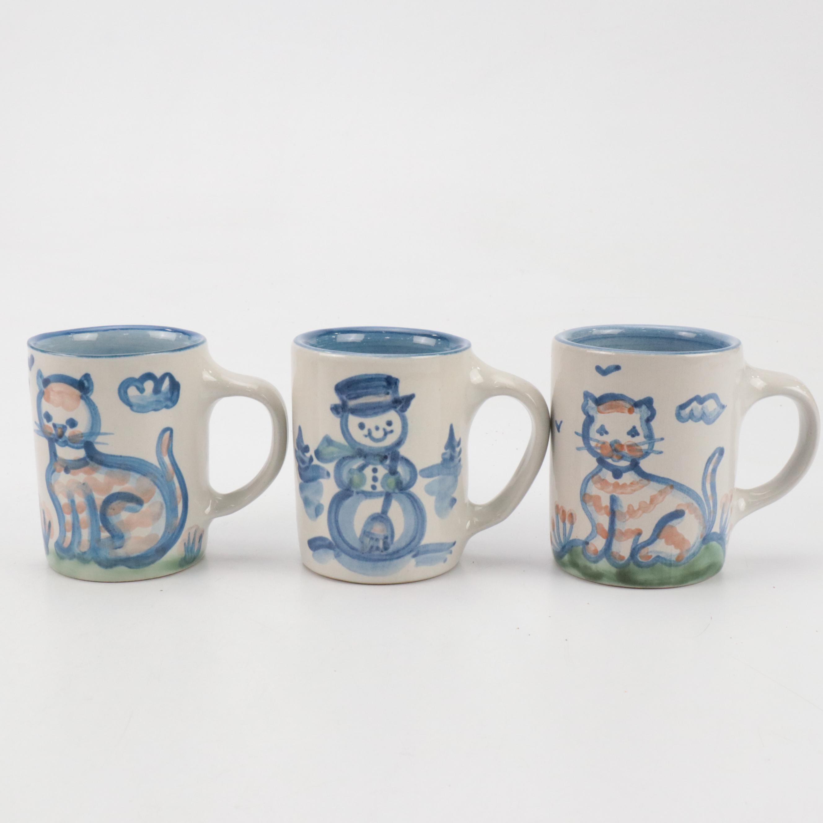 MA Hadley Stoneware "Country Scene" Coffee Pot and Mugs