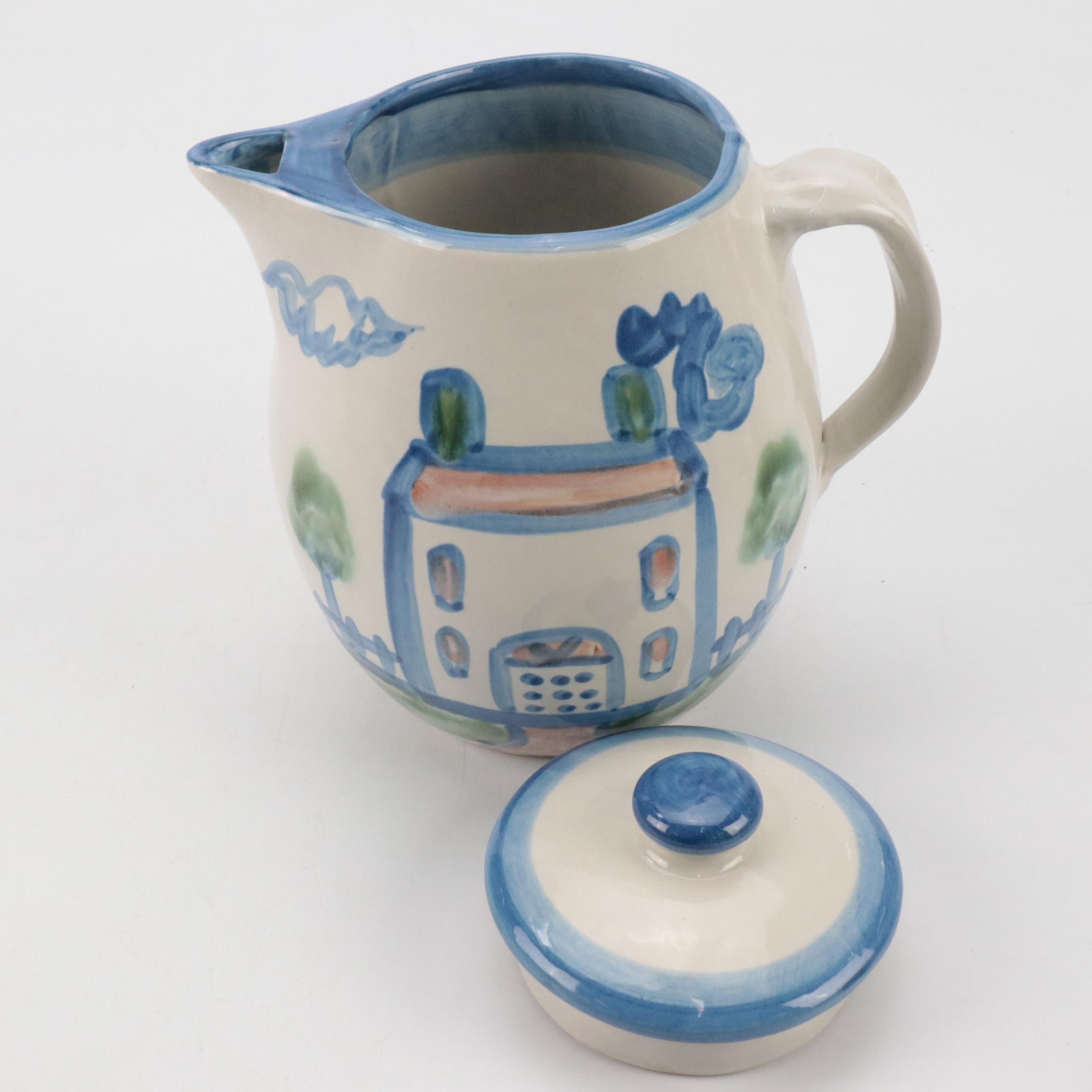 MA Hadley Stoneware "Country Scene" Coffee Pot and Mugs