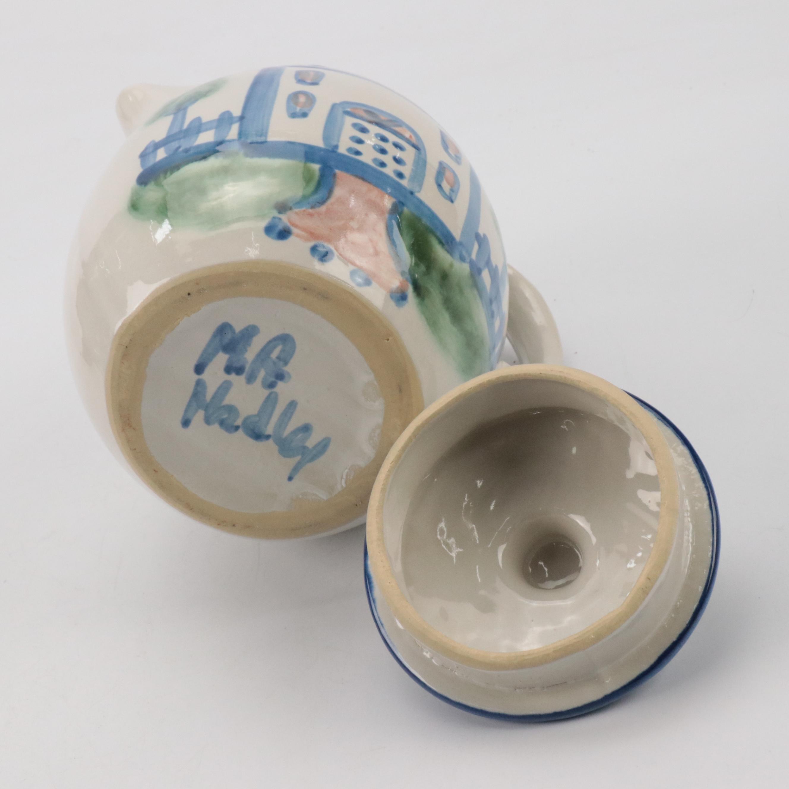 MA Hadley Stoneware "Country Scene" Coffee Pot and Mugs