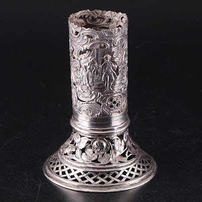German Hanau 800 Silver Pierced Repoussé Courting Scenes Candlestick, 19th C.