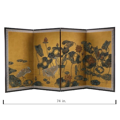 East Asian Folding Screen With Watercolor Painting of Birds and Flowers