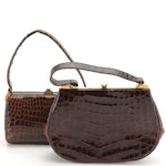 Vintage Brown Croc Embossed Leather Top Handle Frame Bags