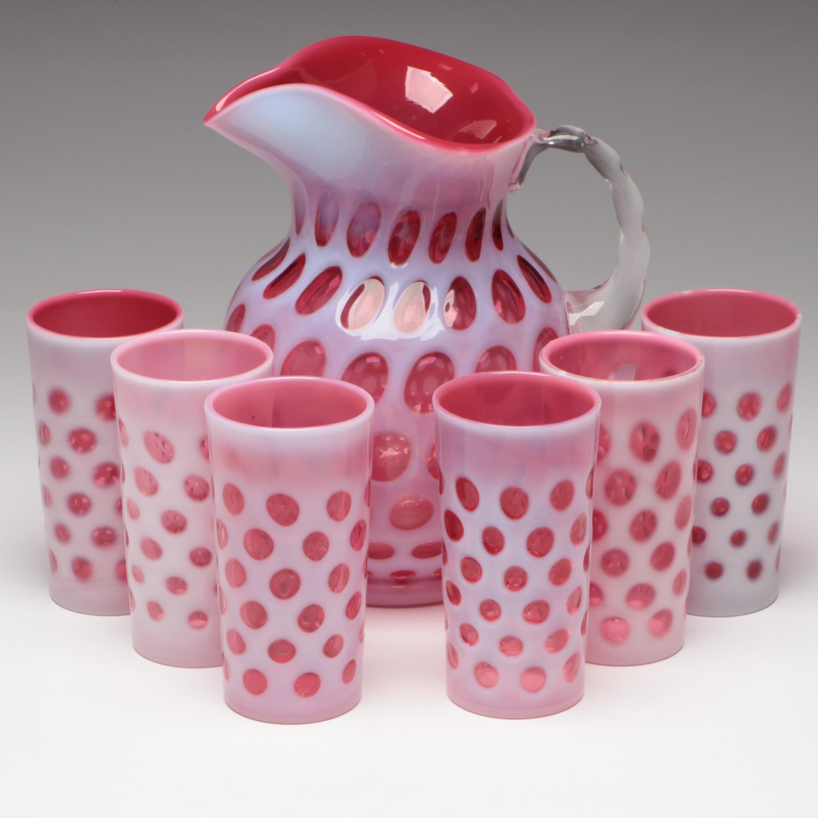 Fenton Cranberry Glass Coin Dot Pitcher With Tumblers