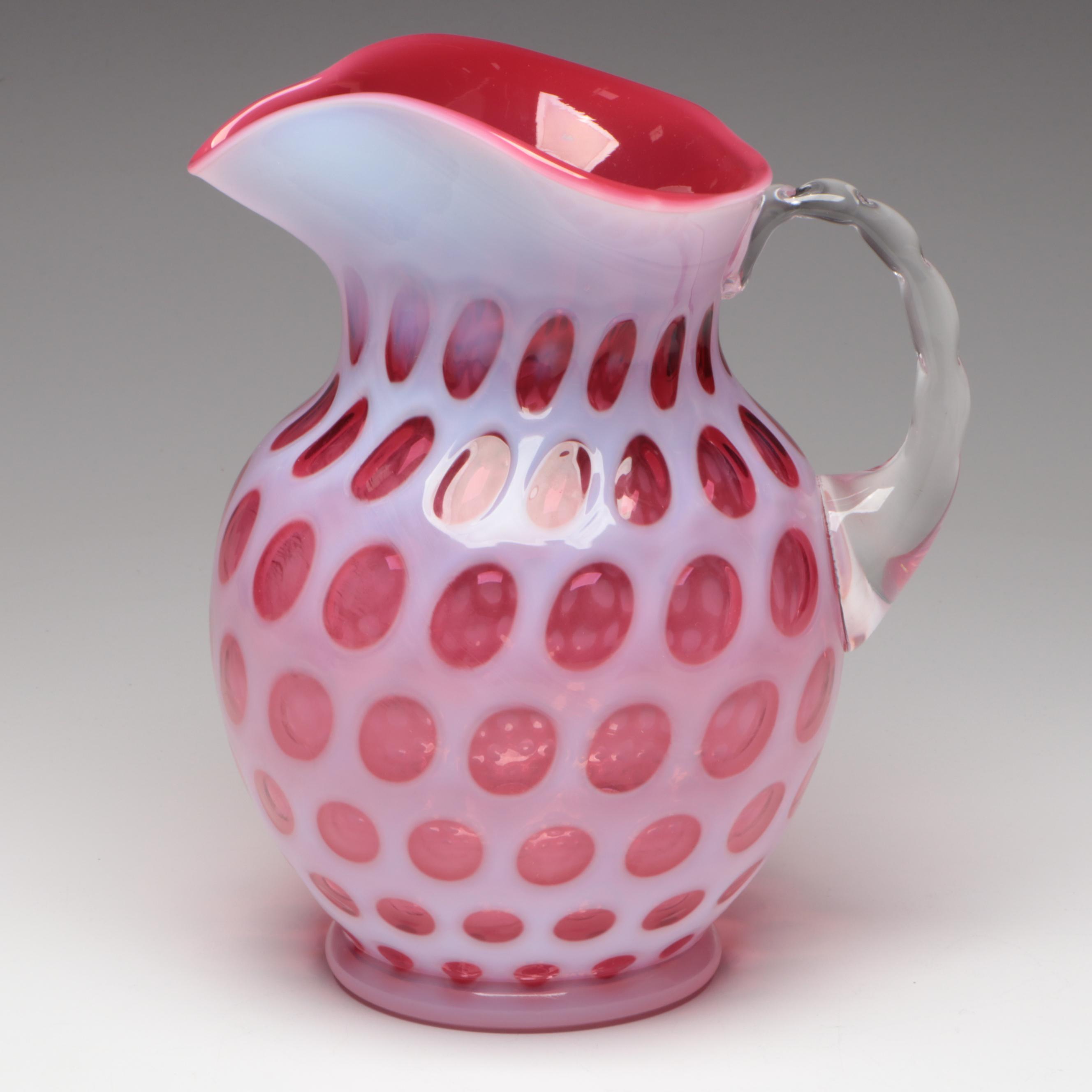 Fenton Cranberry Glass Coin Dot Pitcher With Tumblers