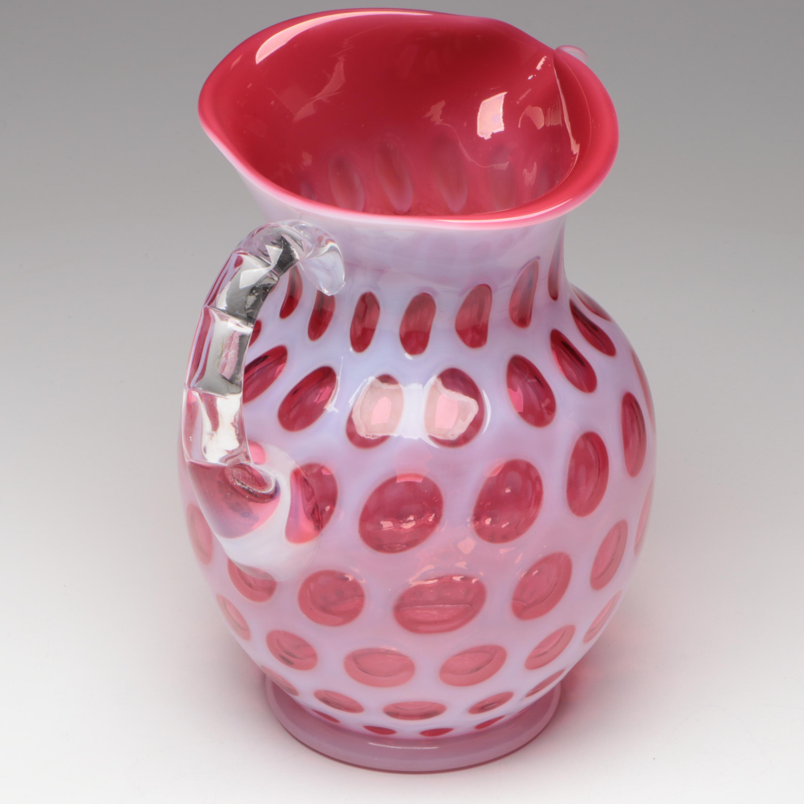 Fenton Cranberry Glass Coin Dot Pitcher With Tumblers