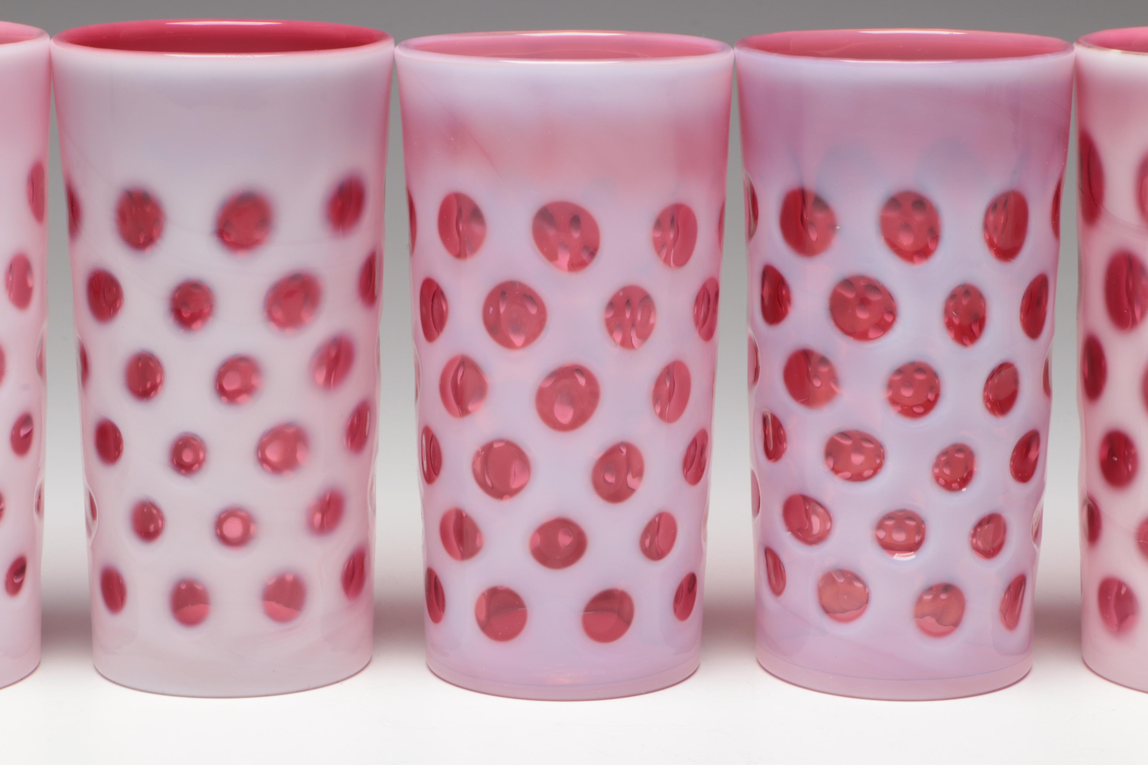 Fenton Cranberry Glass Coin Dot Pitcher With Tumblers