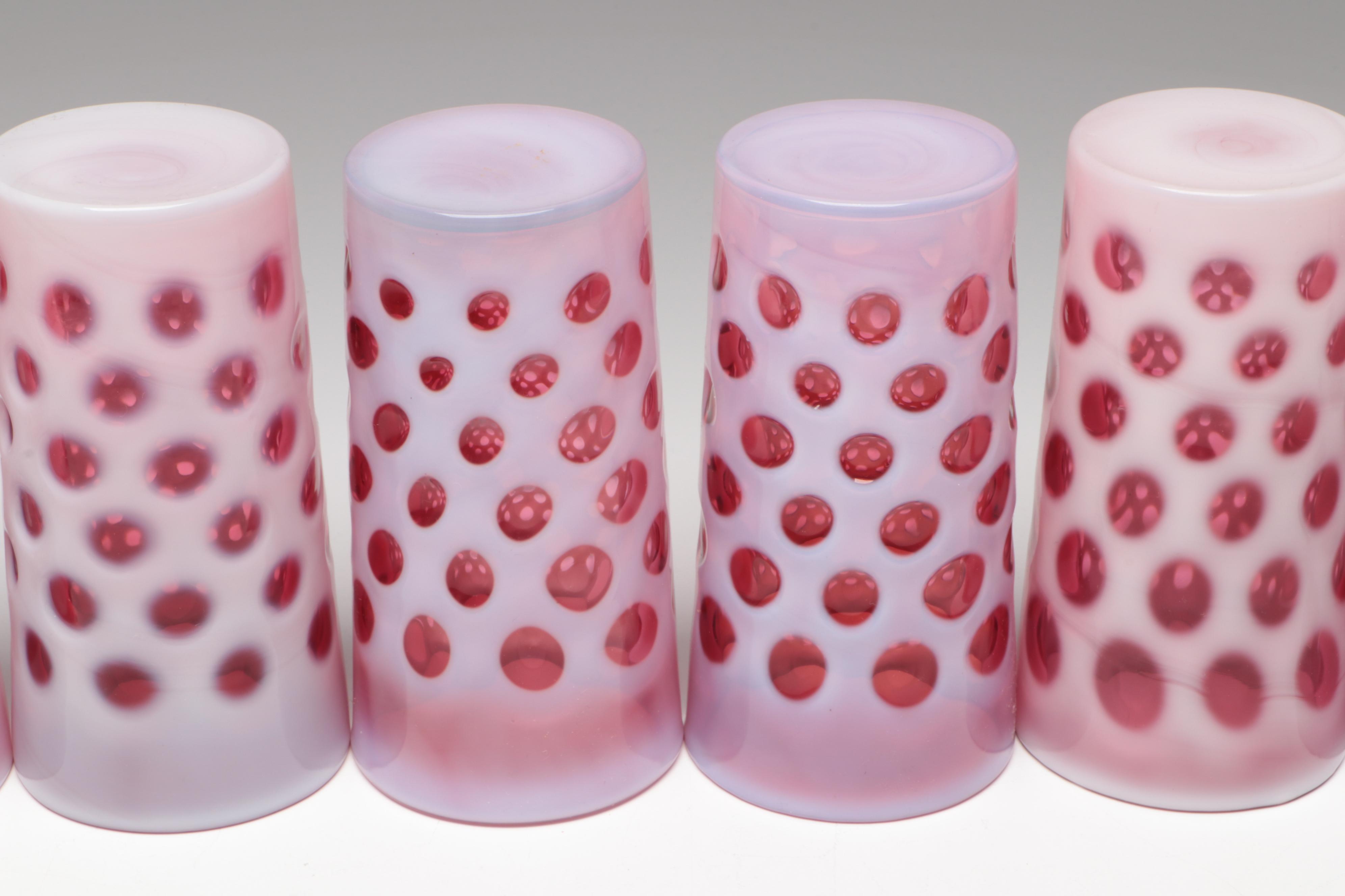 Fenton Cranberry Glass Coin Dot Pitcher With Tumblers