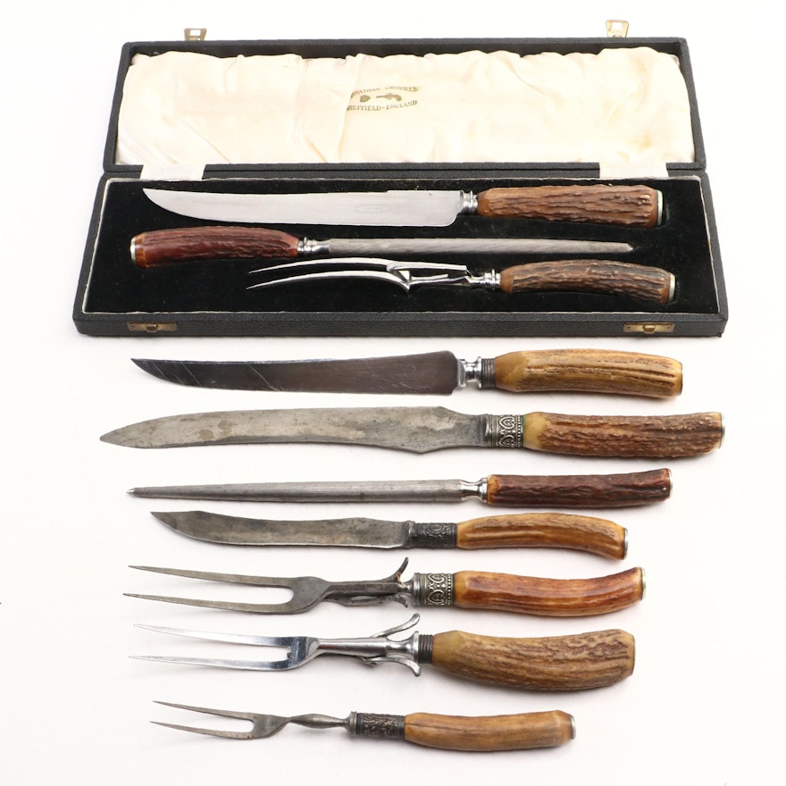 Jonathan Crooke and Other Antler Handled Knives, Forks and Sharpening Steels