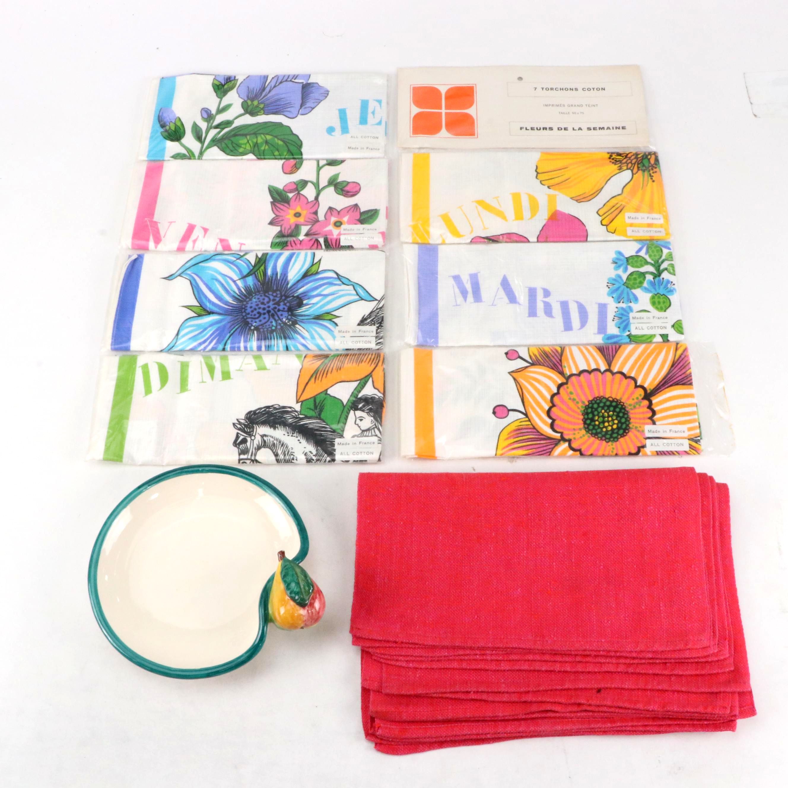 Italian Ceramic Bowl with Linen Dish Towels and Placemats