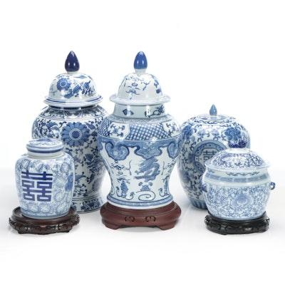 Chinese Hand-Painted Blue and White Porcelain Ginger Jars