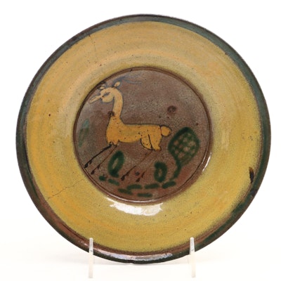 Guatemalan Earthenware Majolica Bowl with Hand-Painted Deer
