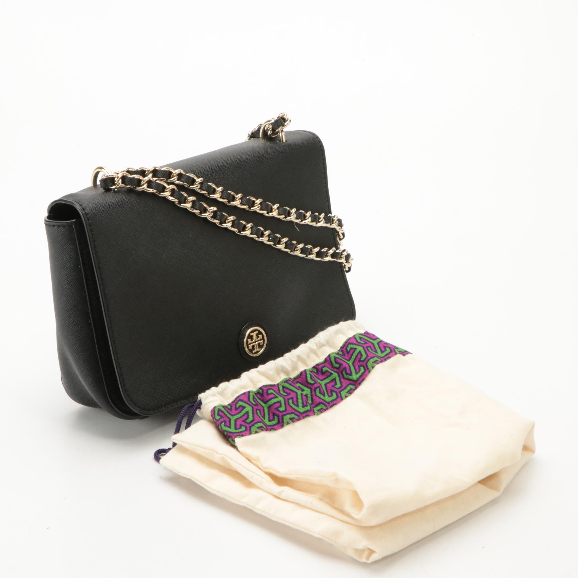 Tory Burch Front Flap Crossbody in Black Leather with Interwoven Chain Strap