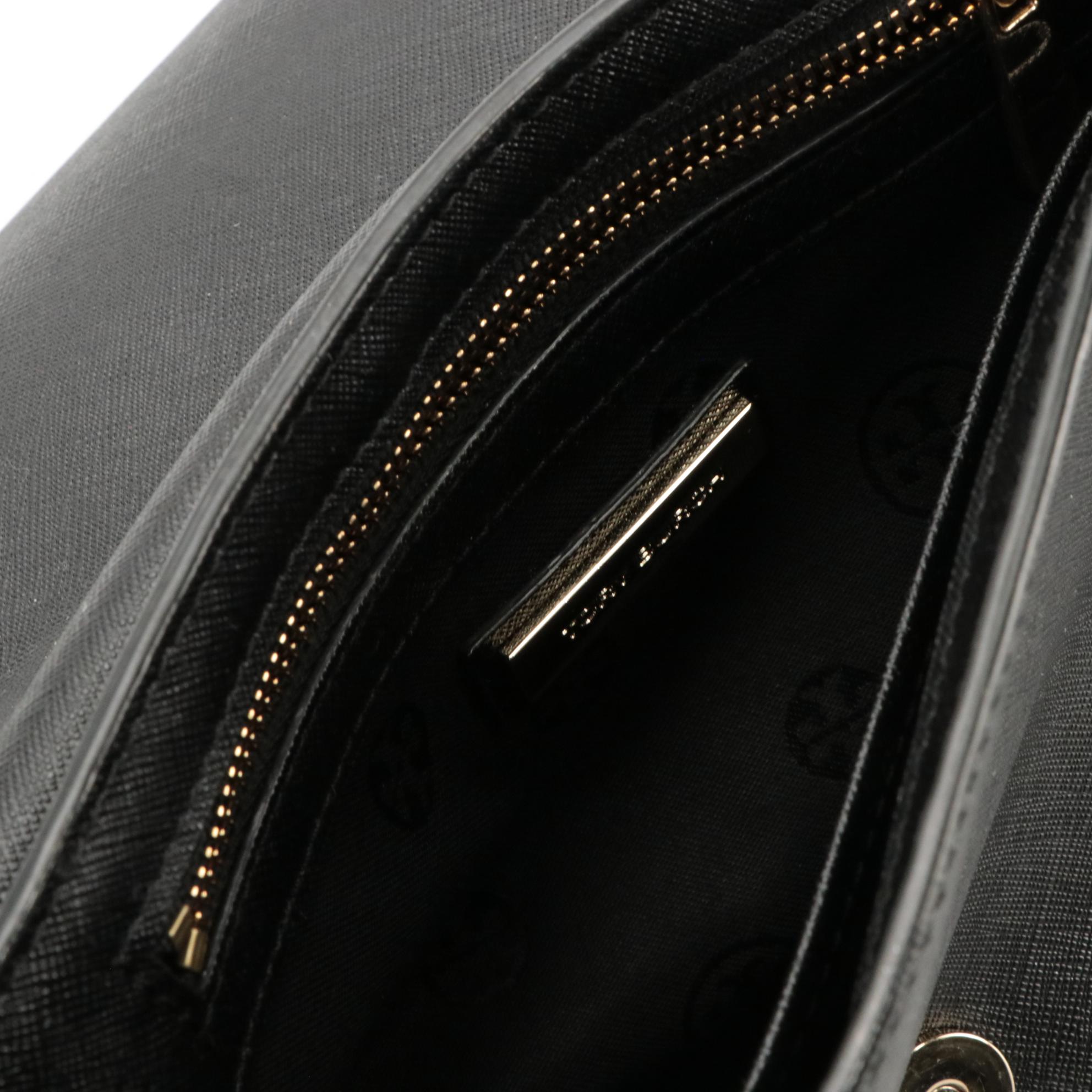 Tory Burch Front Flap Crossbody in Black Leather with Interwoven Chain Strap