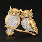 Sterling White Zircon and Chrome Diopside Double Owl Brooch