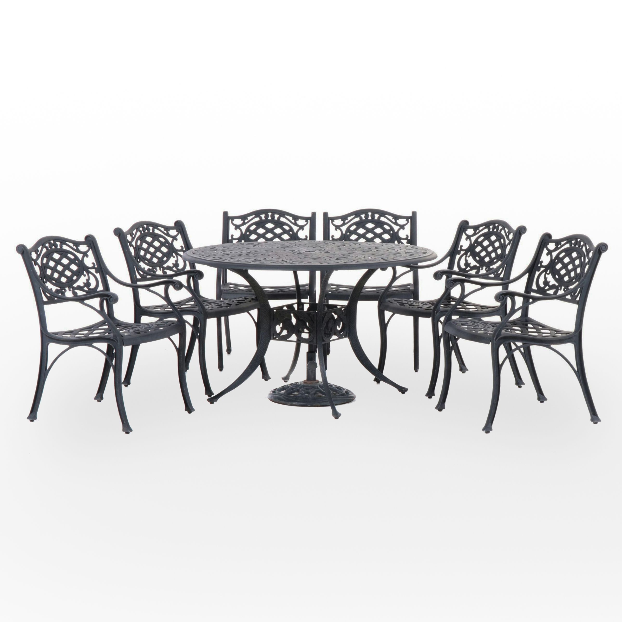 Seven-Piece Hanamint Powder-Coated Aluminum Patio Dining Set with Umbrella Stand