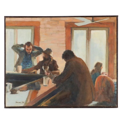 Oil Painting of Cafe Scene With Figures, 1982