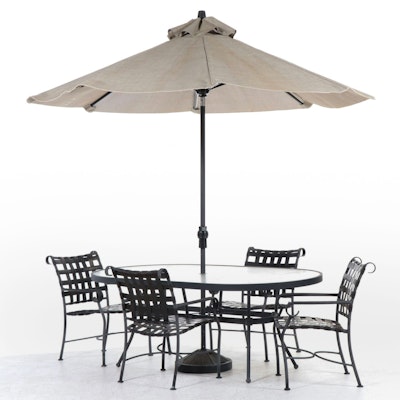 Five-Piece Powder-Coated Aluminum and Glass Top Patio Dining Set Plus Umbrella