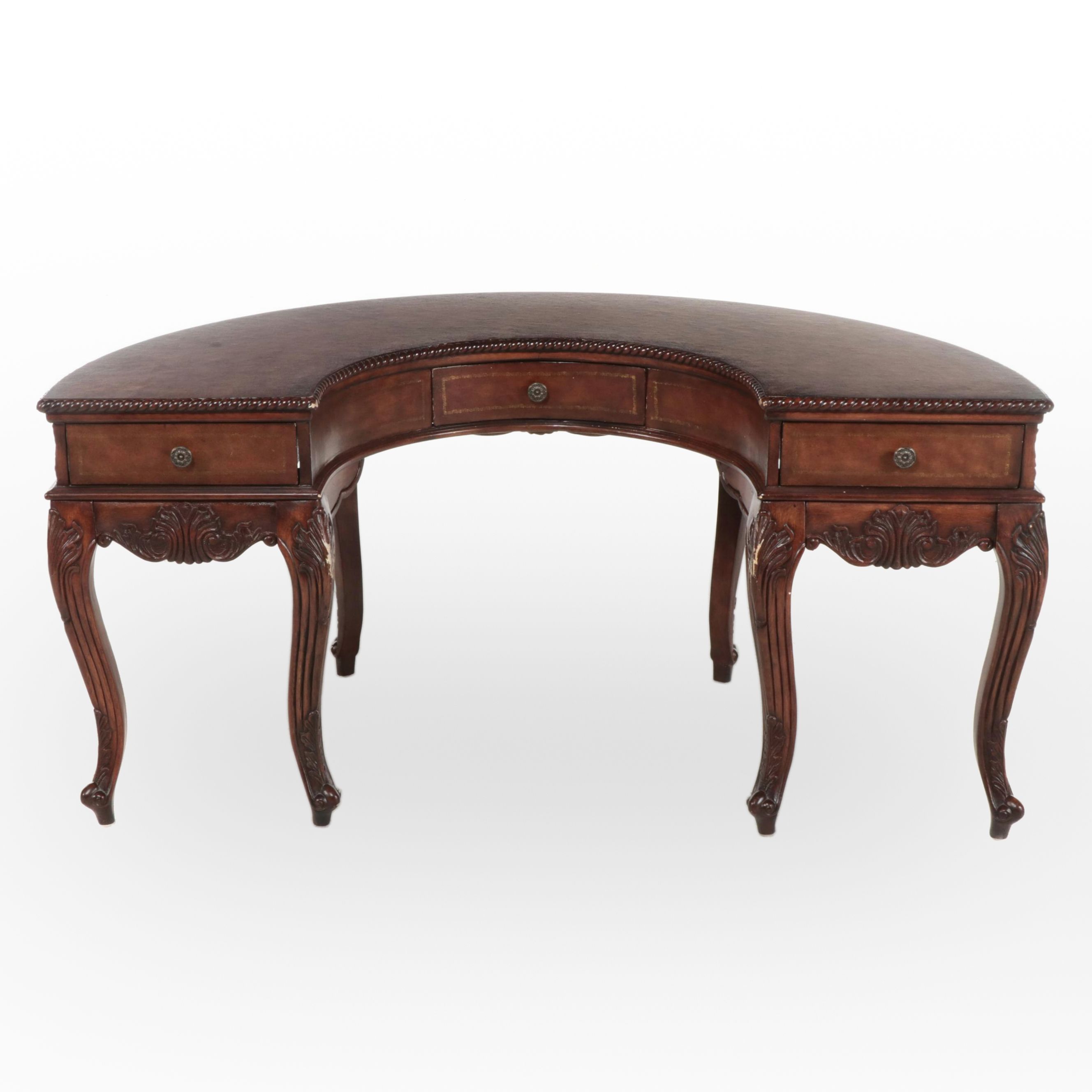 Regency Style Carved Mahogany Finish Crescent Shaped Desk