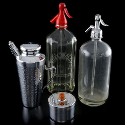 Seltzer Bottles with Cocktail Shaker and Sugar Bowl