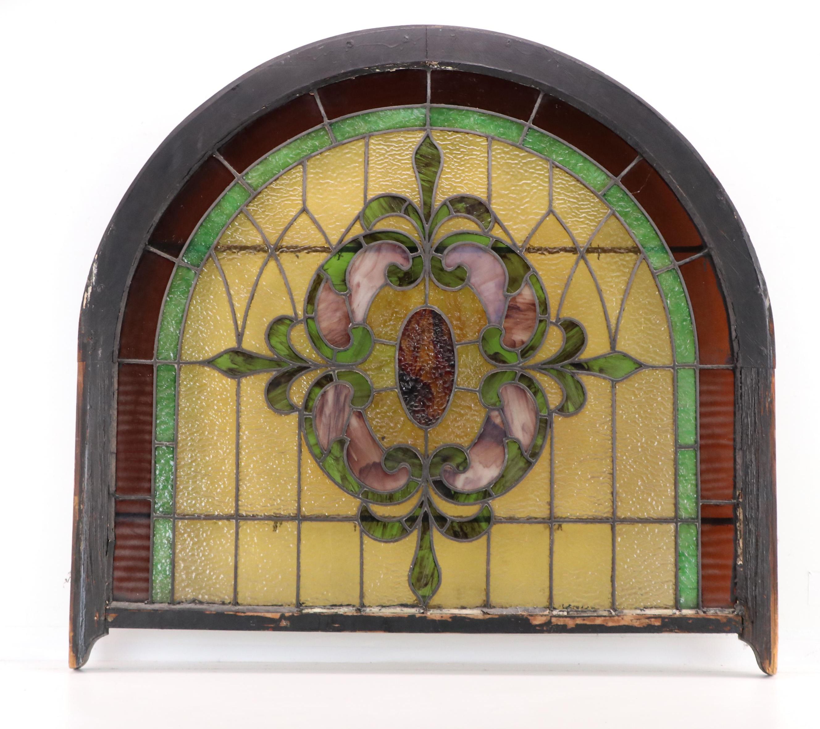 Victorian Stained and Slag Glass Arched Window Panel