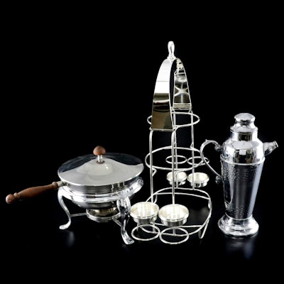 Silverplate Three-Tier Server and Condiment Cups, Chafing Dish & Cocktail Shaker