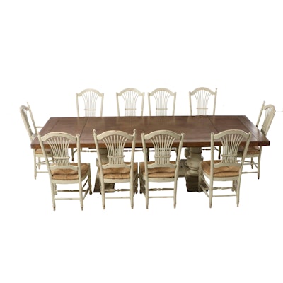 French Provincial Style Trestle Table with Rush Bottom Ladderback Chairs