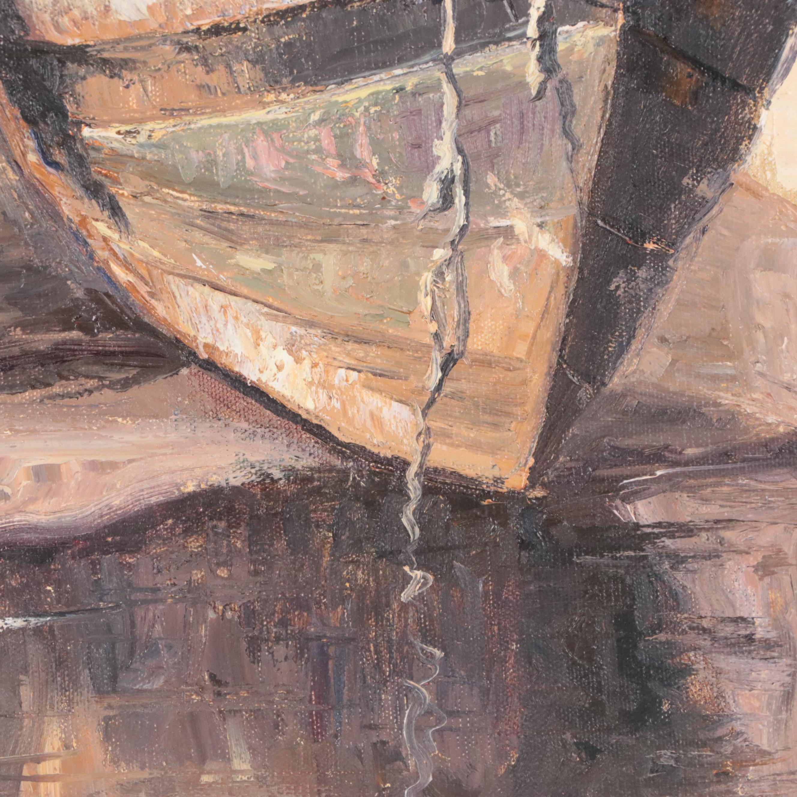 Jo Bonello Oil Painting of Man with Boat, Mid to Late 20th Century