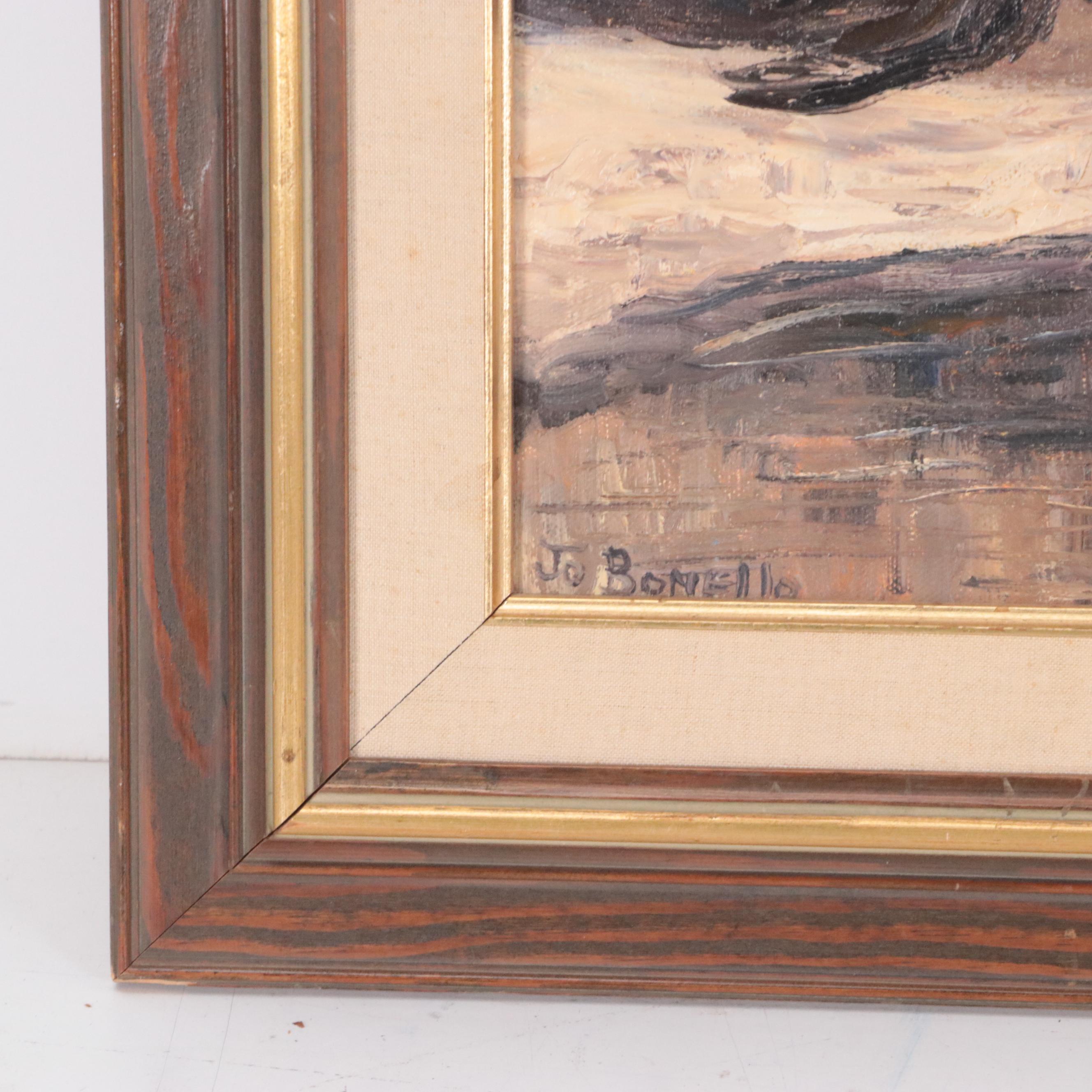 Jo Bonello Oil Painting of Man with Boat, Mid to Late 20th Century