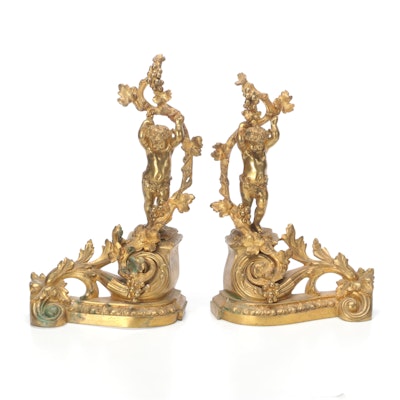 Pair of French Baroque Cast Brass Fireplace Chenets