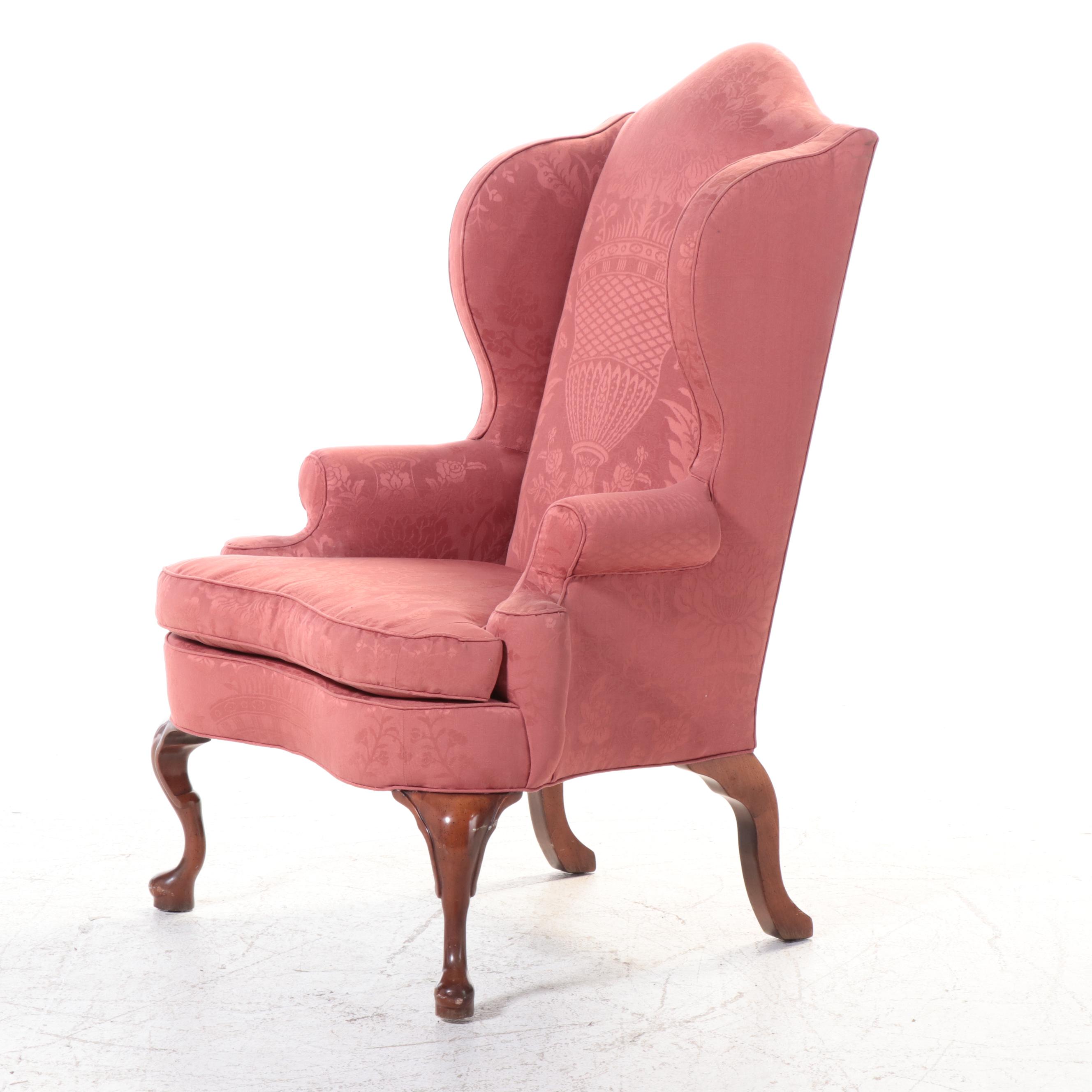Queen Anne Style Silk Damask Upholstered Wingback Chair with Mahogany Legs