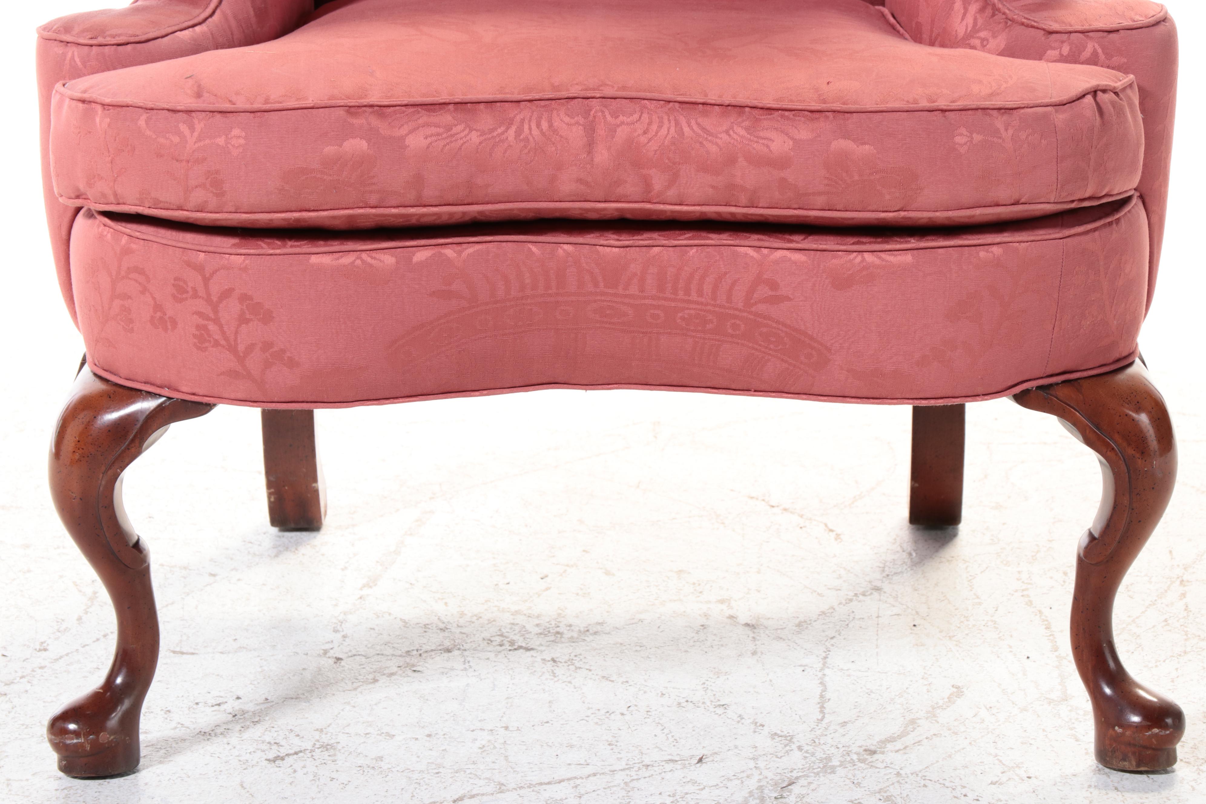 Queen Anne Style Silk Damask Upholstered Wingback Chair with Mahogany Legs