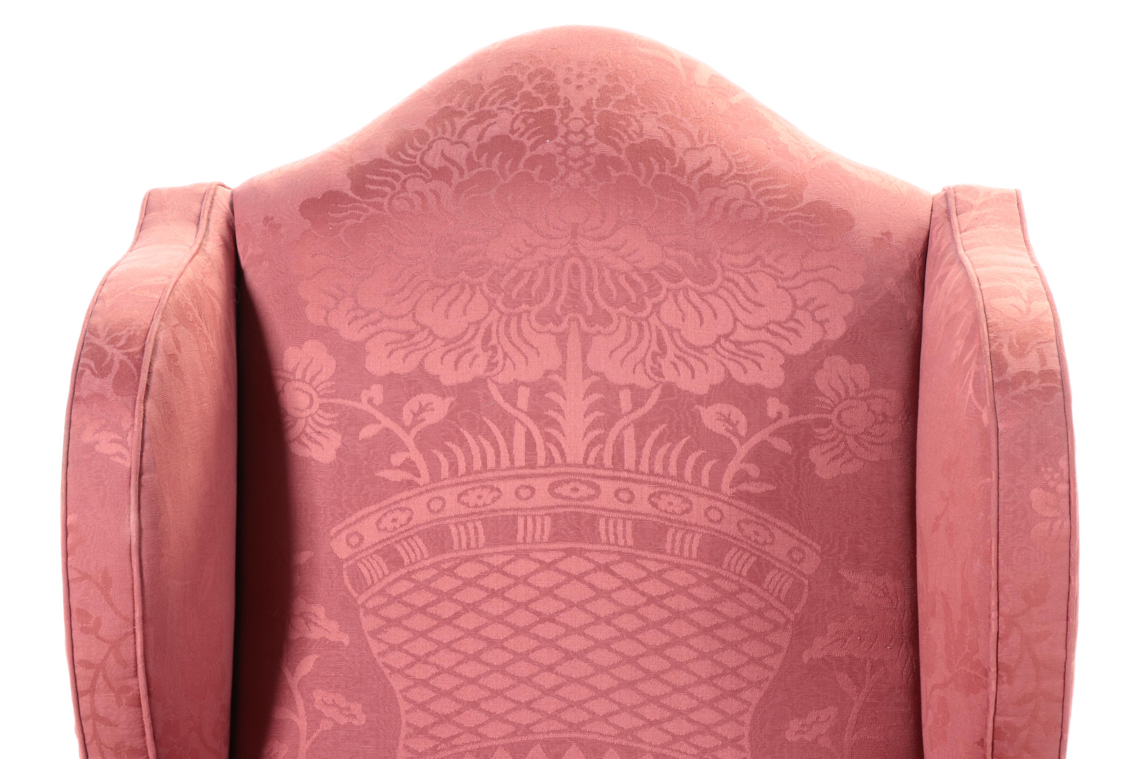 Queen Anne Style Silk Damask Upholstered Wingback Chair with Mahogany Legs