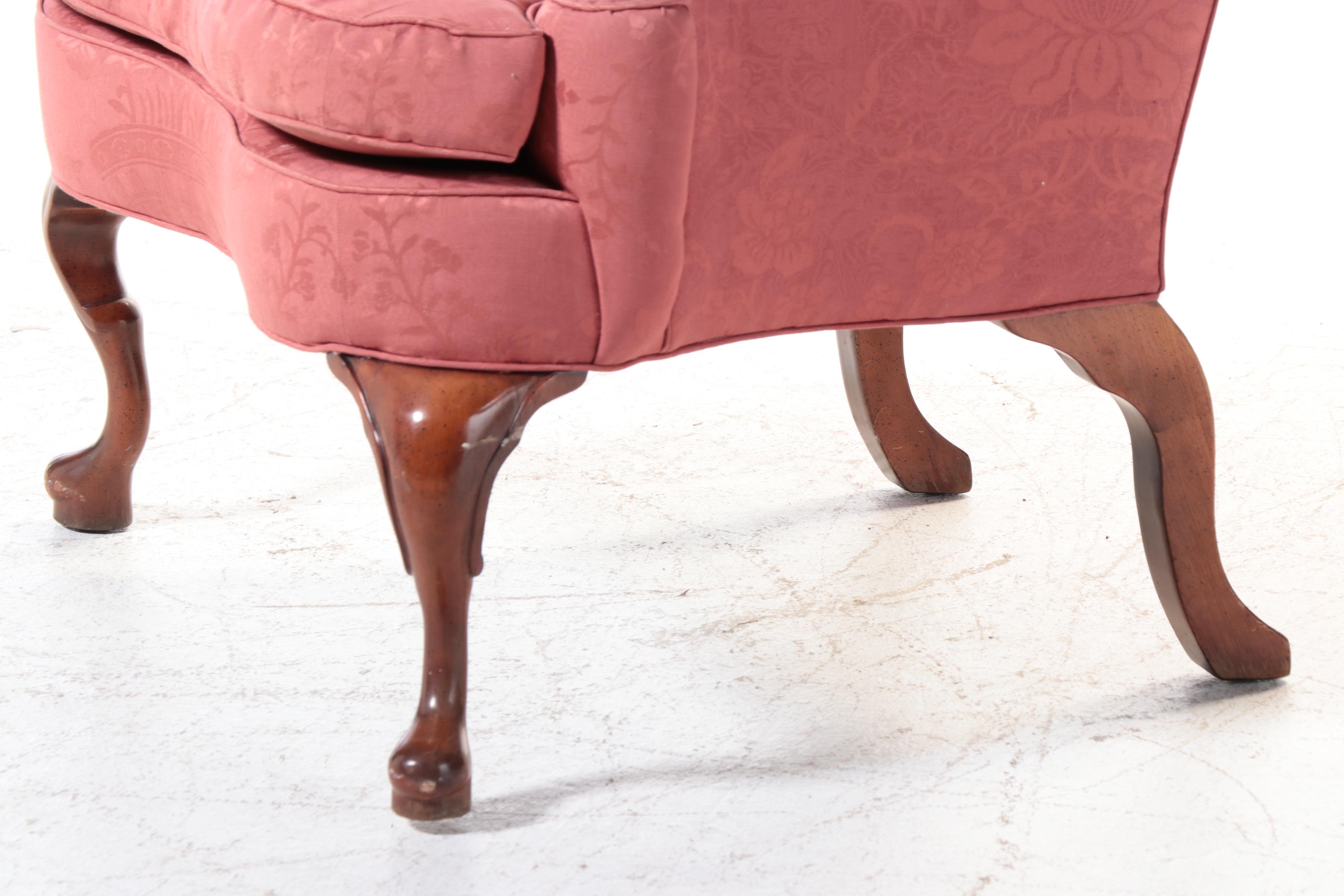 Queen Anne Style Silk Damask Upholstered Wingback Chair with Mahogany Legs