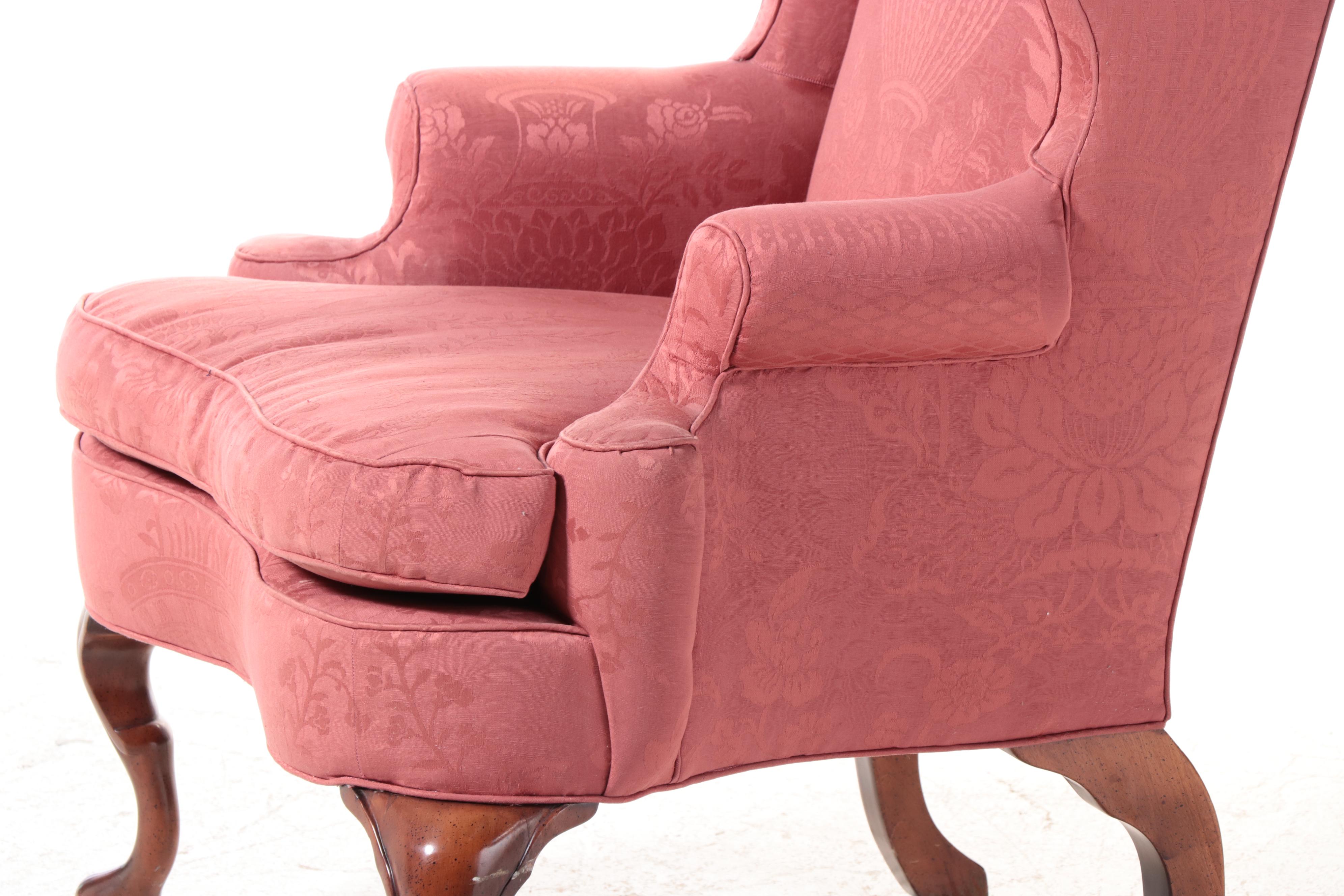 Queen Anne Style Silk Damask Upholstered Wingback Chair with Mahogany Legs