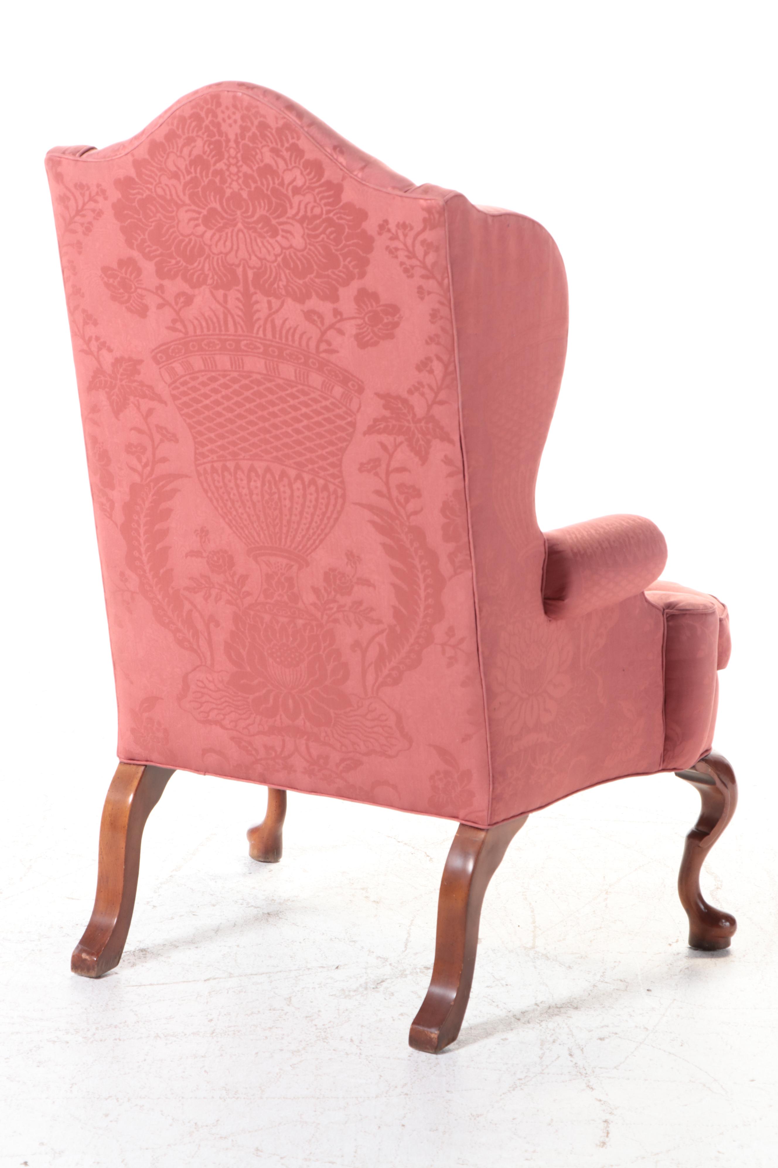 Queen Anne Style Silk Damask Upholstered Wingback Chair with Mahogany Legs
