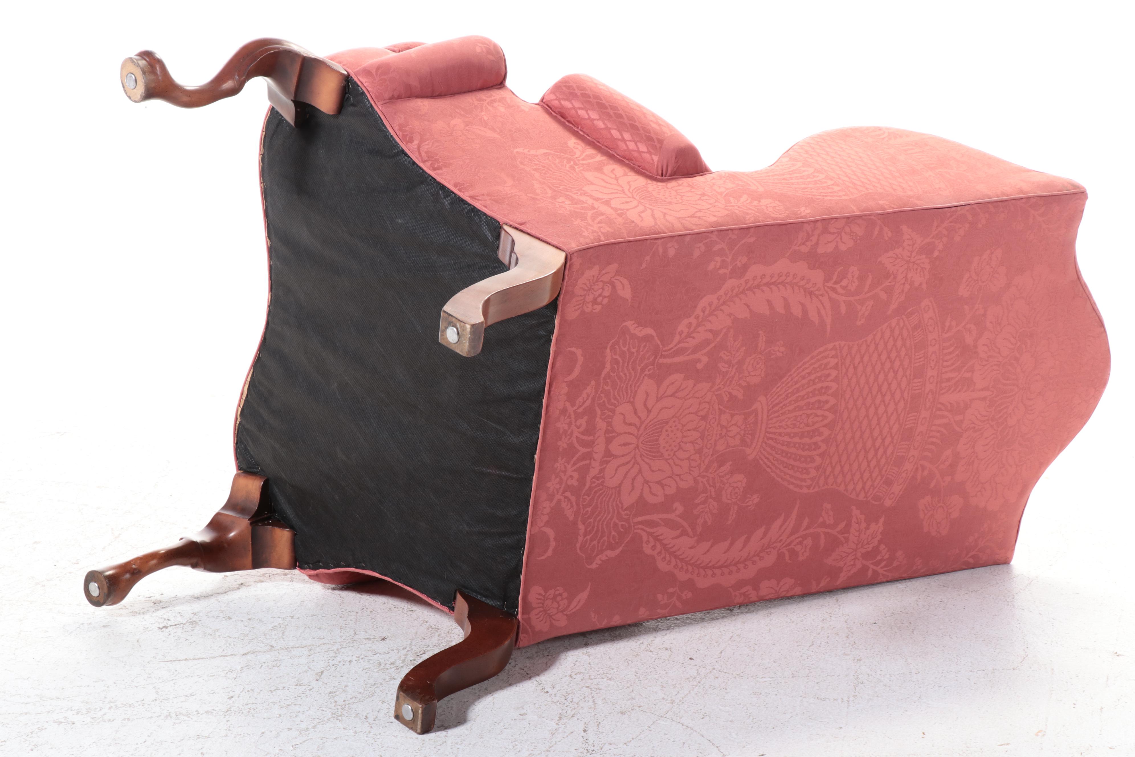 Queen Anne Style Silk Damask Upholstered Wingback Chair with Mahogany Legs