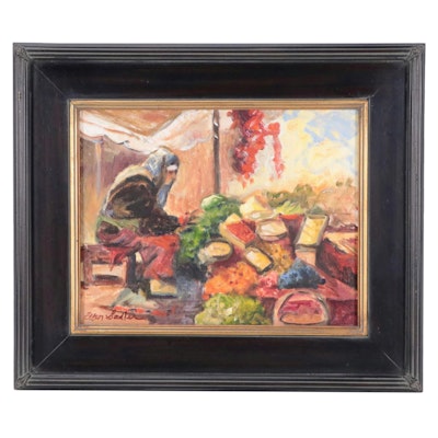 Ellen Sadler Gestural Oil Painting of Market Scene with Figure