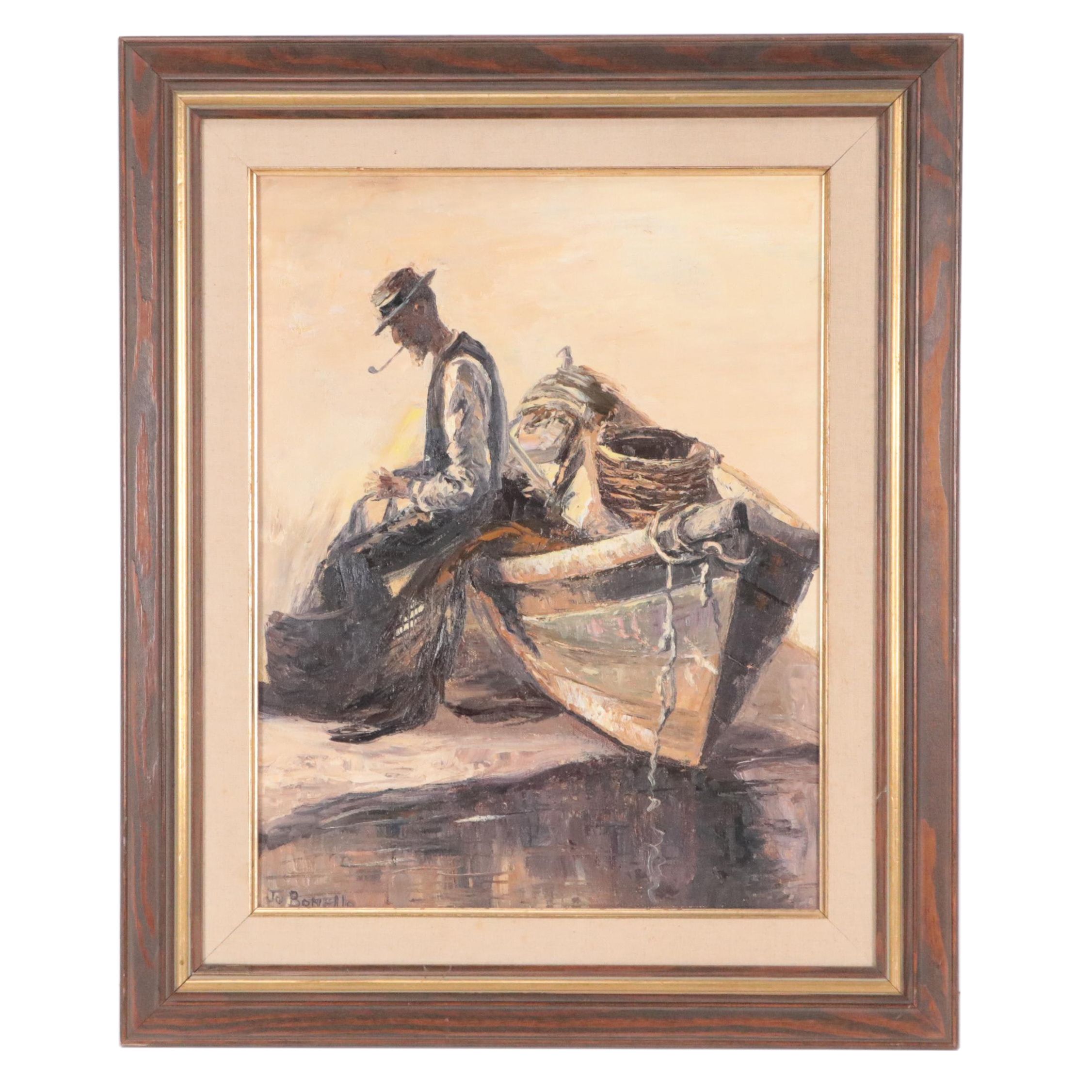 Jo Bonello Oil Painting of Man with Boat, Mid to Late 20th Century