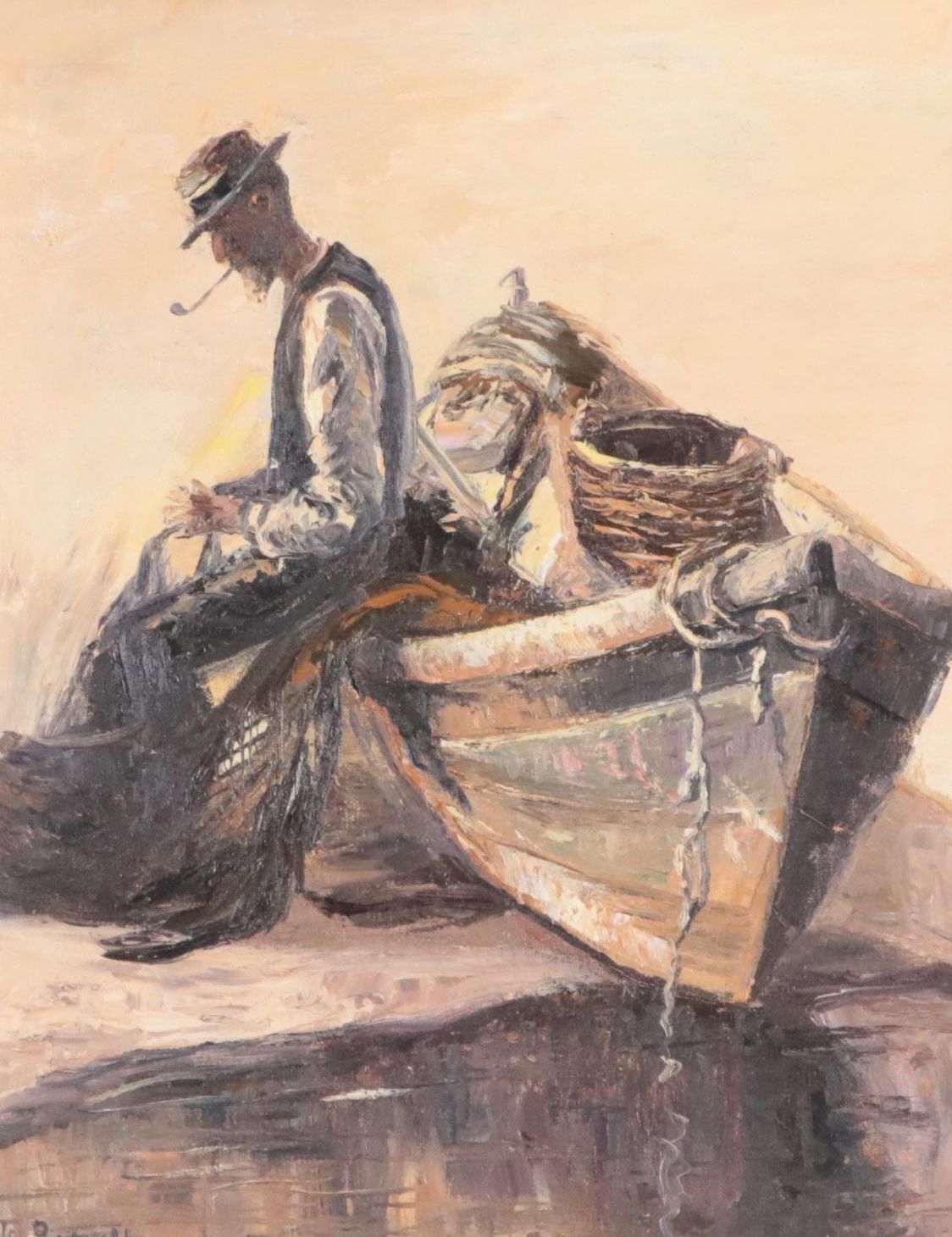 Jo Bonello Oil Painting of Man with Boat, Mid to Late 20th Century