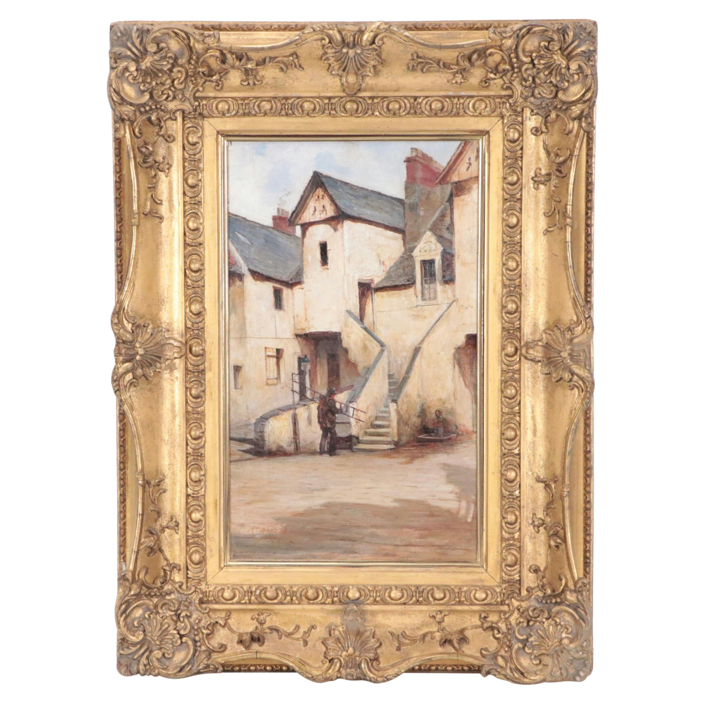 Robert Noble Oil Painting Genre Scene of Man Carrying Ladder, 1878